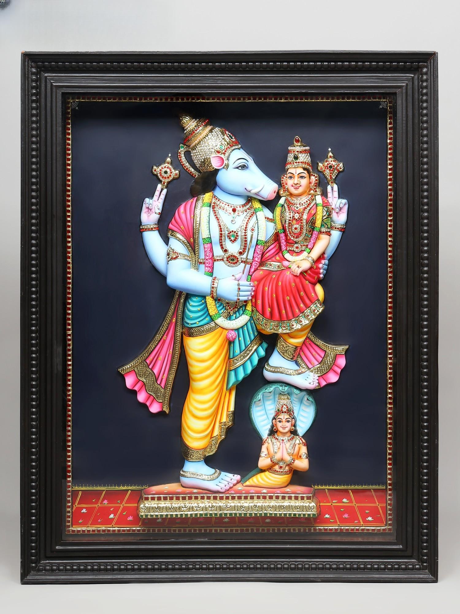 45" Lord Varaha with Devi Lakshmi | Embossed Tanjore Painting with Gold Work with Frame: Title: 45" Lord Varaha with Devi Lakshmi | Embossed Tanjore Painting with Gold Work with Frame Description: Tanjore (Thanjavur) Painting Reserve: $3,707.00 Shipping: Domestic: Shipping rates