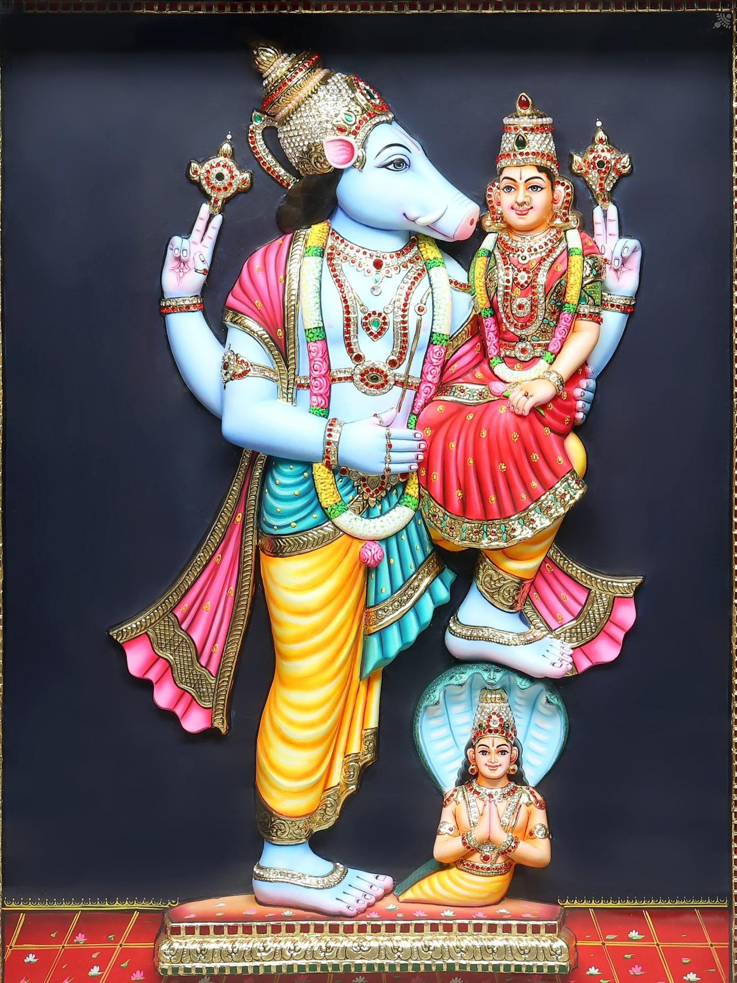 45" Lord Varaha with Devi Lakshmi | Embossed Tanjore Painting with Gold Work with Frame - 2