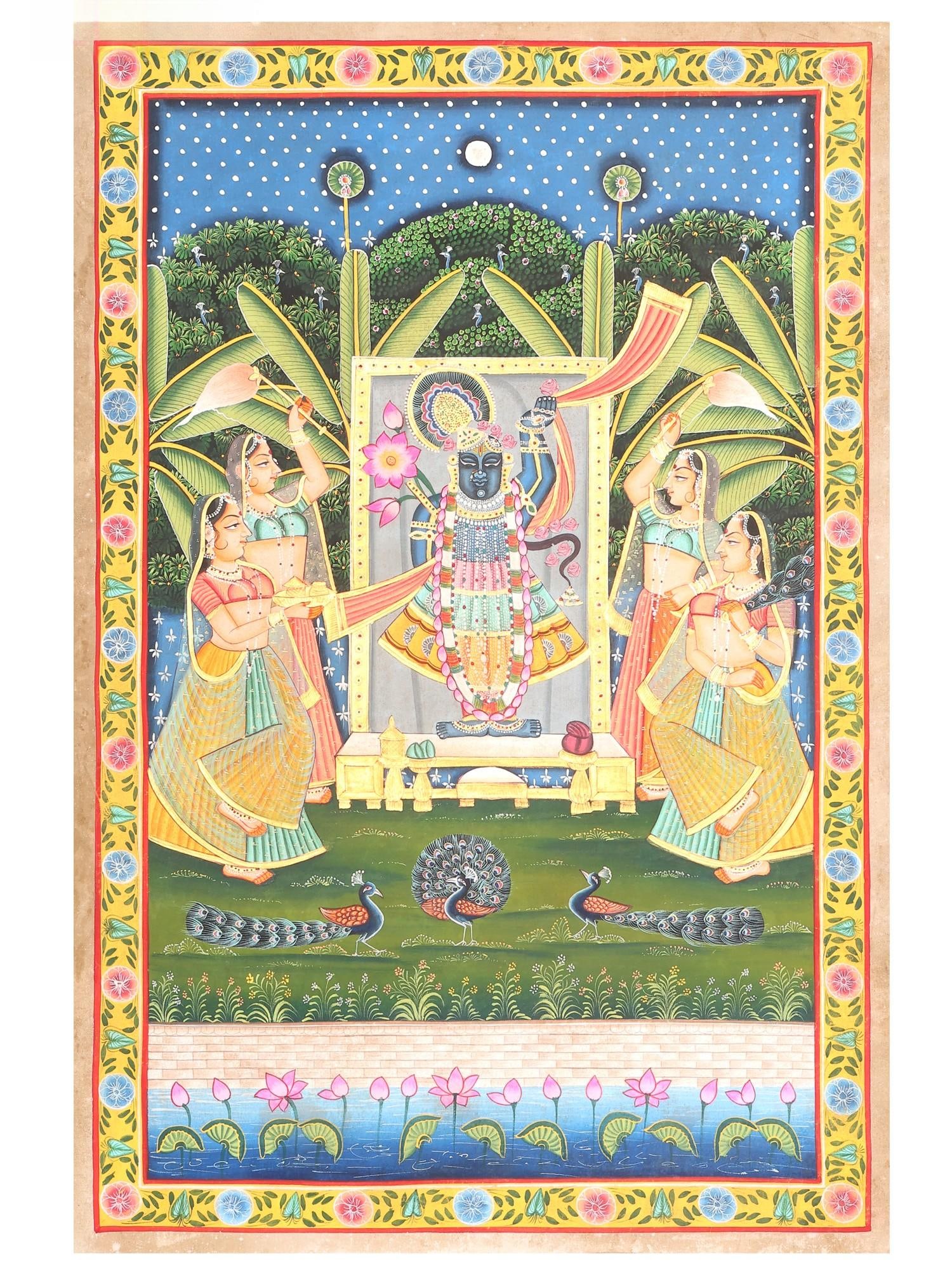 Lord Shrinathji with Devotees | Pichwai Painting: Title: Lord Shrinathji with Devotees | Pichwai Painting Description: Folk Paintings Reserve: $181.00 Shipping: Domestic: Shipping rates are determined by destination International: Foreign s