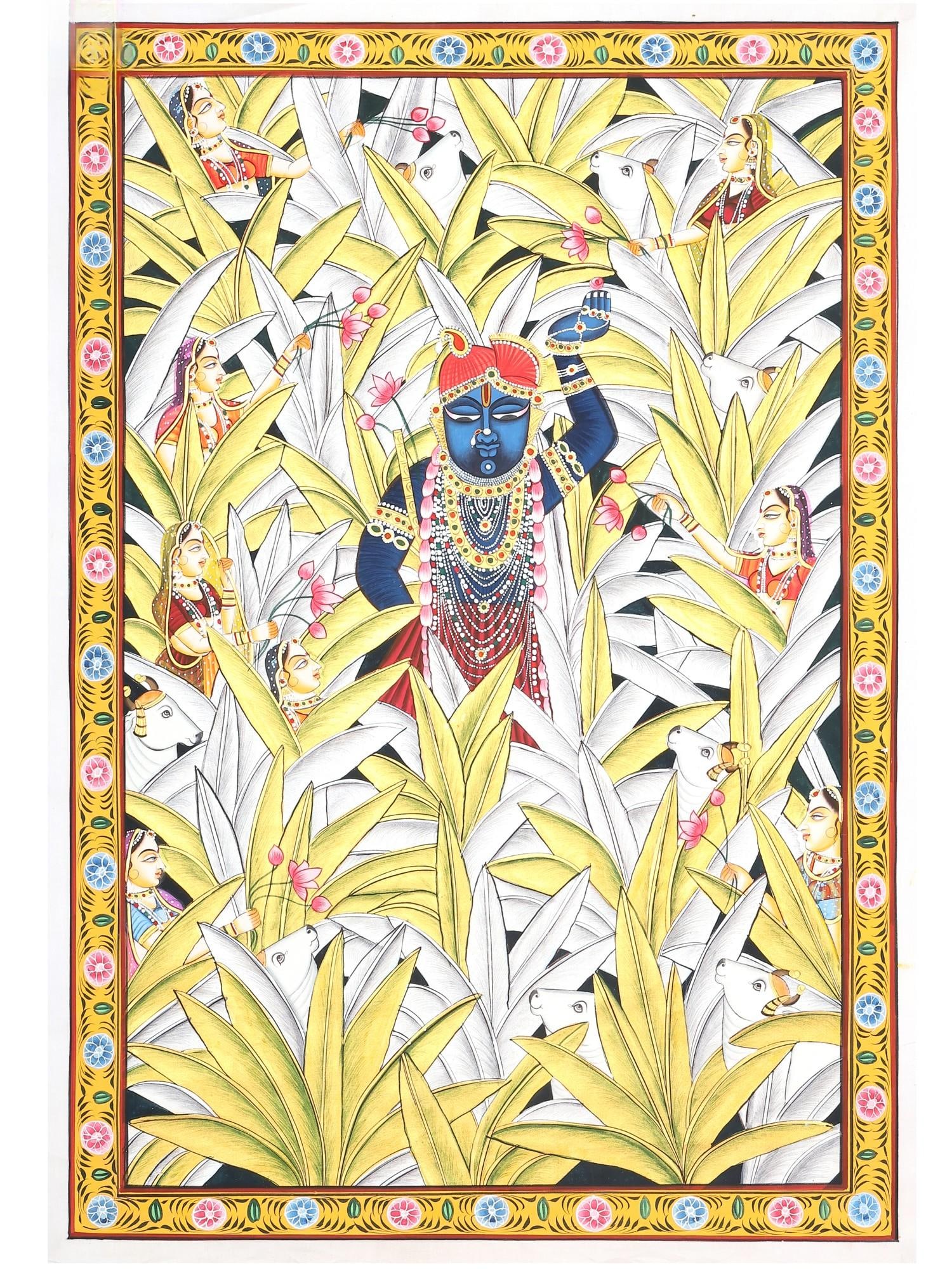Shrinathji with Gopis and Cows | Pichwai painting: Title: Shrinathji with Gopis and Cows | Pichwai painting Description: Folk Paintings Reserve: $202.00 Shipping: Domestic: Shipping rates are determined by destination International: Foreign 
