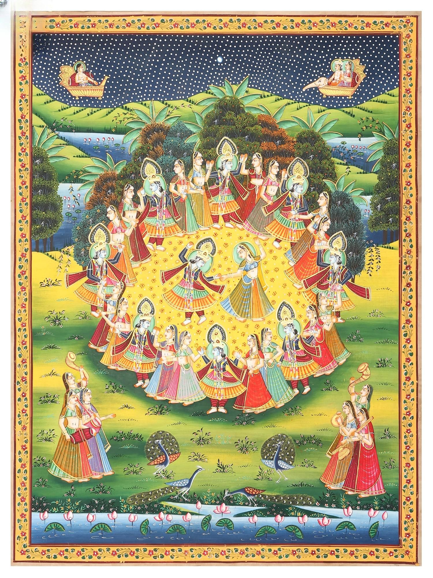 Krishna Raas Lila | Pichwai Painting: Title: Krishna Raas Lila | Pichwai Painting Description: Folk Paintings Reserve: $305.00 Shipping: Domestic: Shipping rates are determined by destination International: Foreign shipping rate