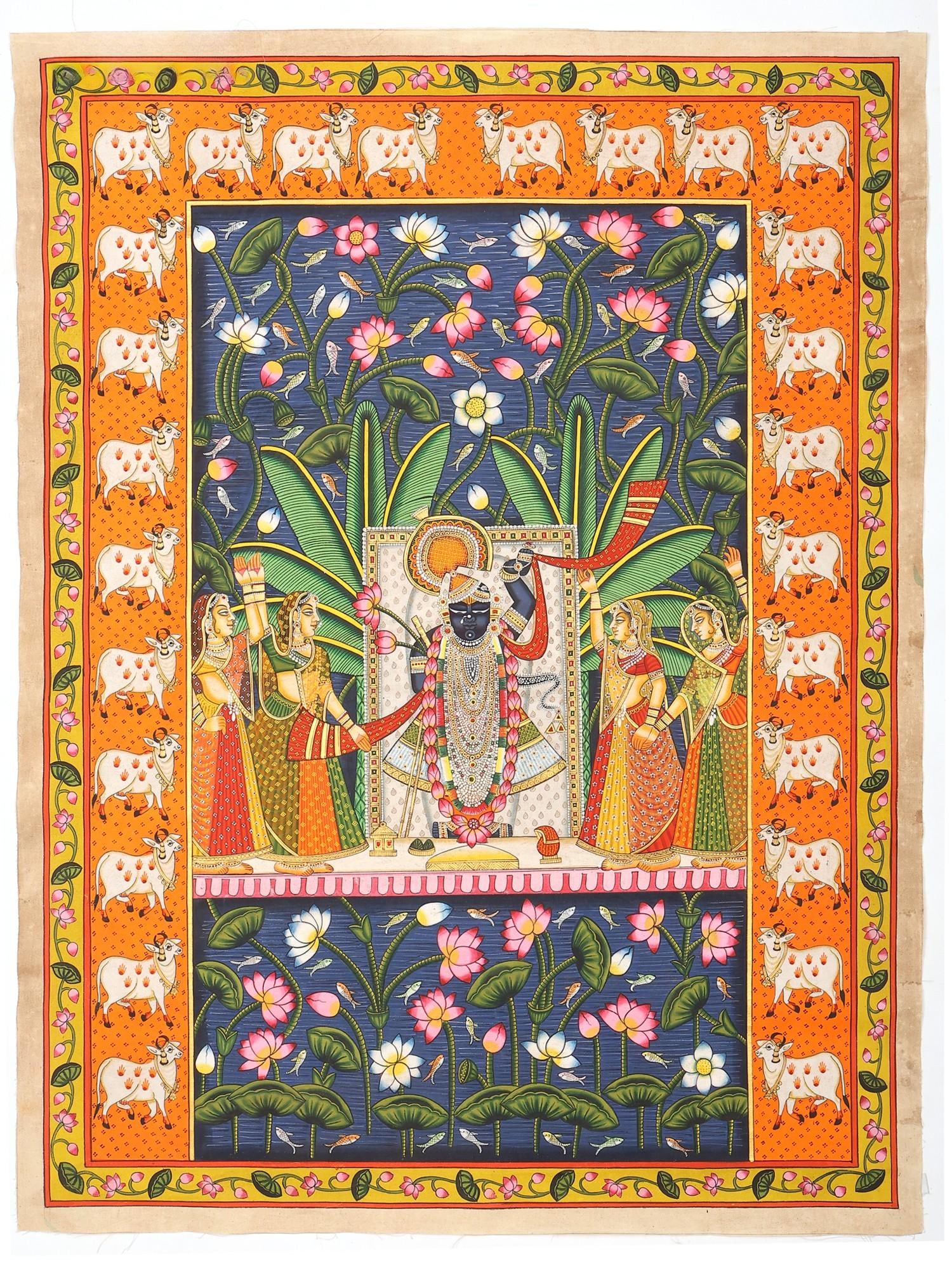 Divine Shrinathji Darshan | Pichwai Painting: Title: Divine Shrinathji Darshan | Pichwai Painting Description: Folk Paintings Reserve: $422.00 Shipping: Domestic: Shipping rates are determined by destination International: Foreign shipp