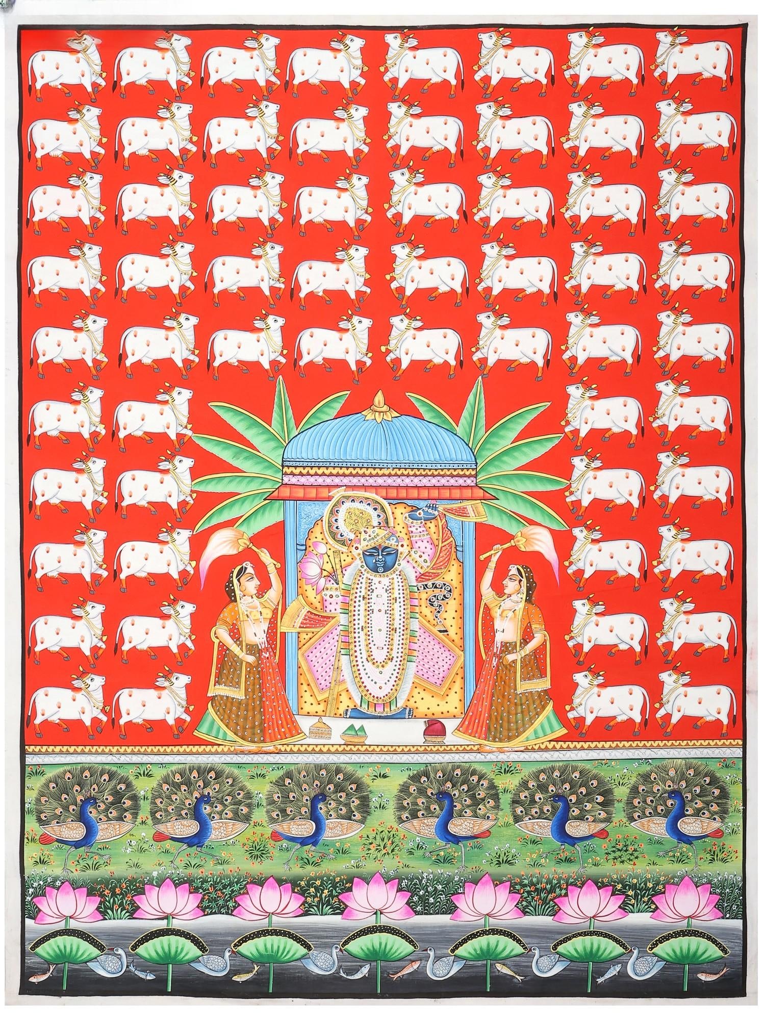 Shrinathji with Cows and Peacocks | Pichwai Painting: Title: Shrinathji with Cows and Peacocks | Pichwai Painting Description: Folk Paintings Reserve: $284.00 Shipping: Domestic: Shipping rates are determined by destination International: Forei