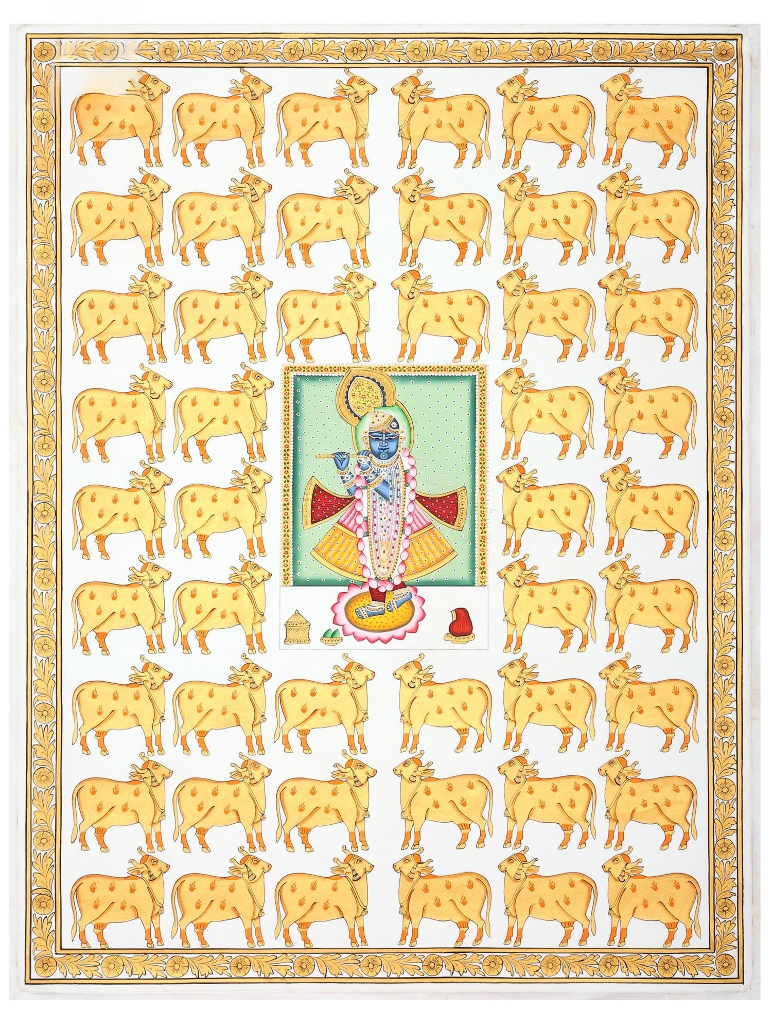 Shrinathji Playing Flute with Cows | Pichwai Painting: Title: Shrinathji Playing Flute with Cows | Pichwai Painting Description: Folk Paintings Reserve: $365.00 Shipping: Domestic: Shipping rates are determined by destination International: Fore