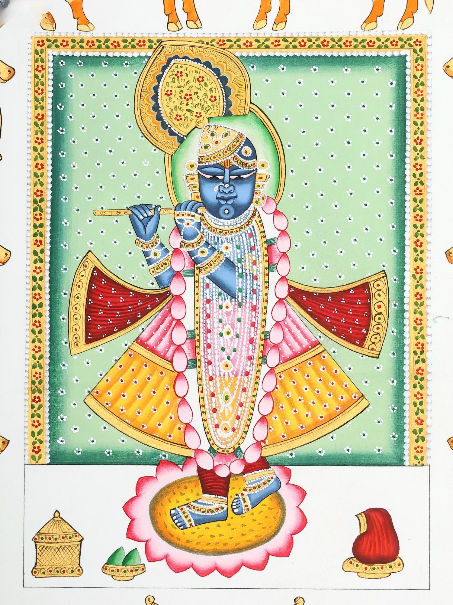Shrinathji Playing Flute with Cows | Pichwai Painting - 2