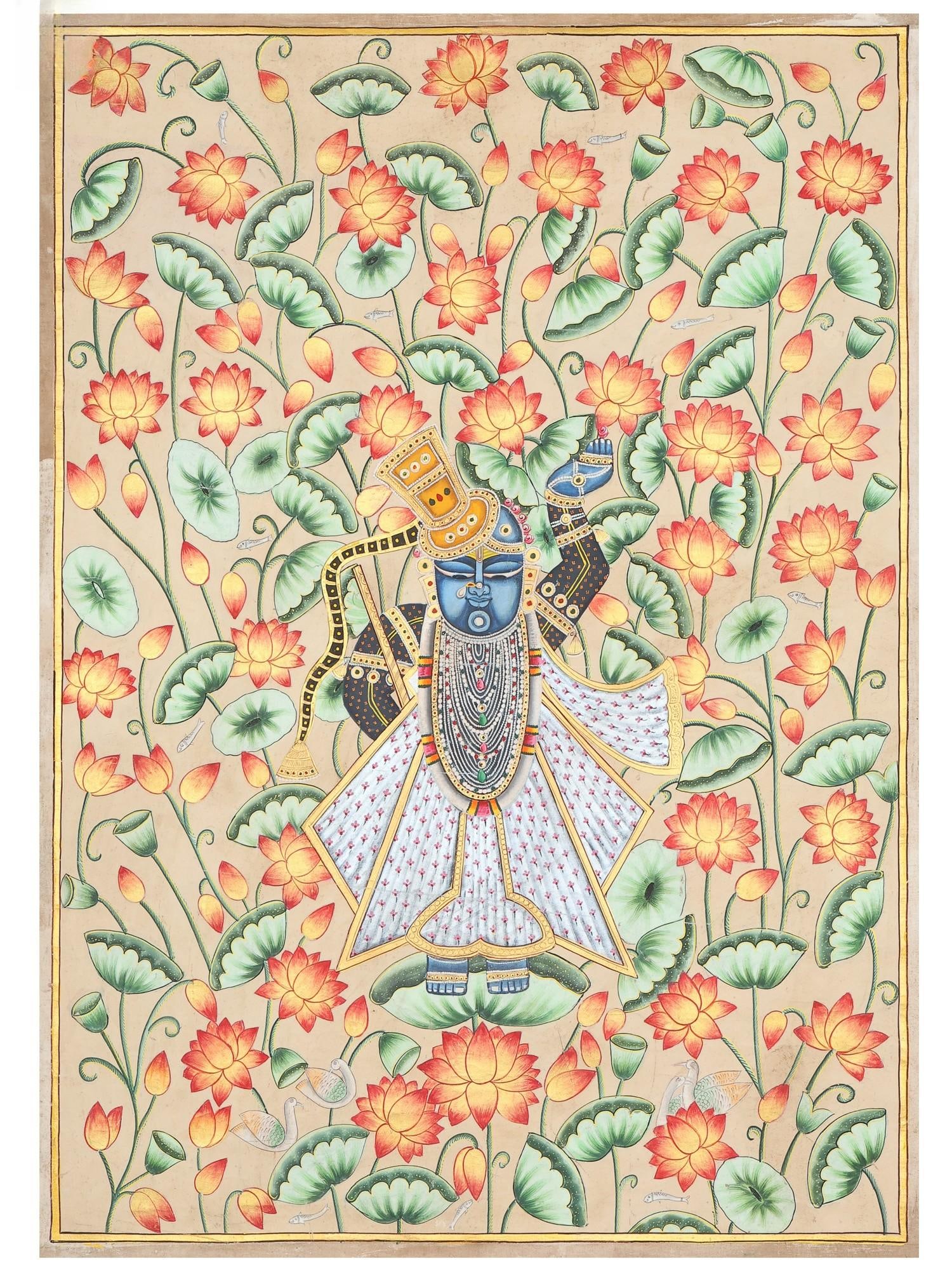 36" Shrinathji - Form of Lord Krishna | Pichwai Painting: Title: 36" Shrinathji - Form of Lord Krishna | Pichwai Painting Description: Folk Paintings Reserve: $254.00 Shipping: Domestic: Shipping rates are determined by destination International: F