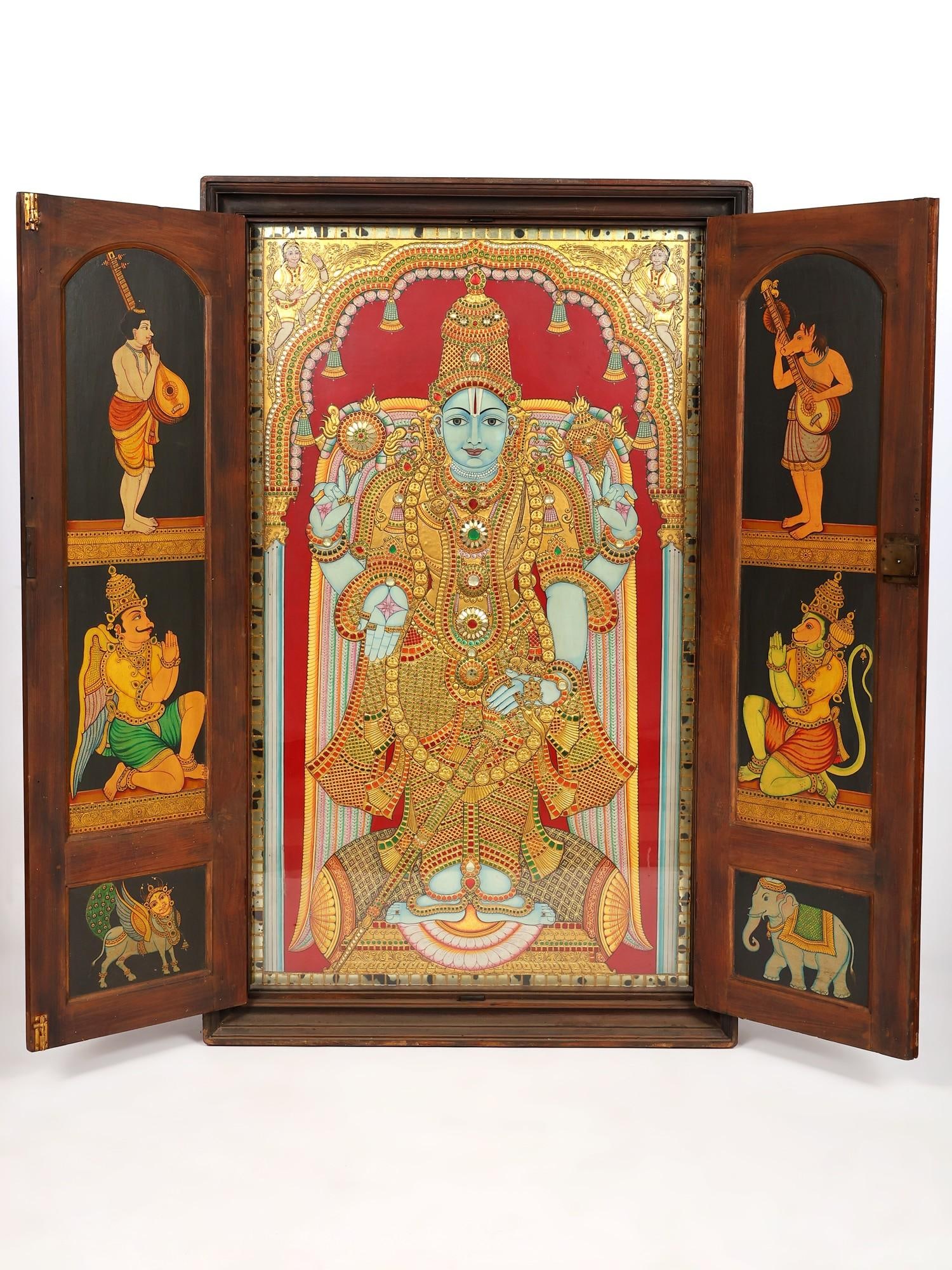 Standing Lord Vishnu | Traditional Tanjore Painting with Ornate Door Frame | 24 Karat Gold (1 of 2)