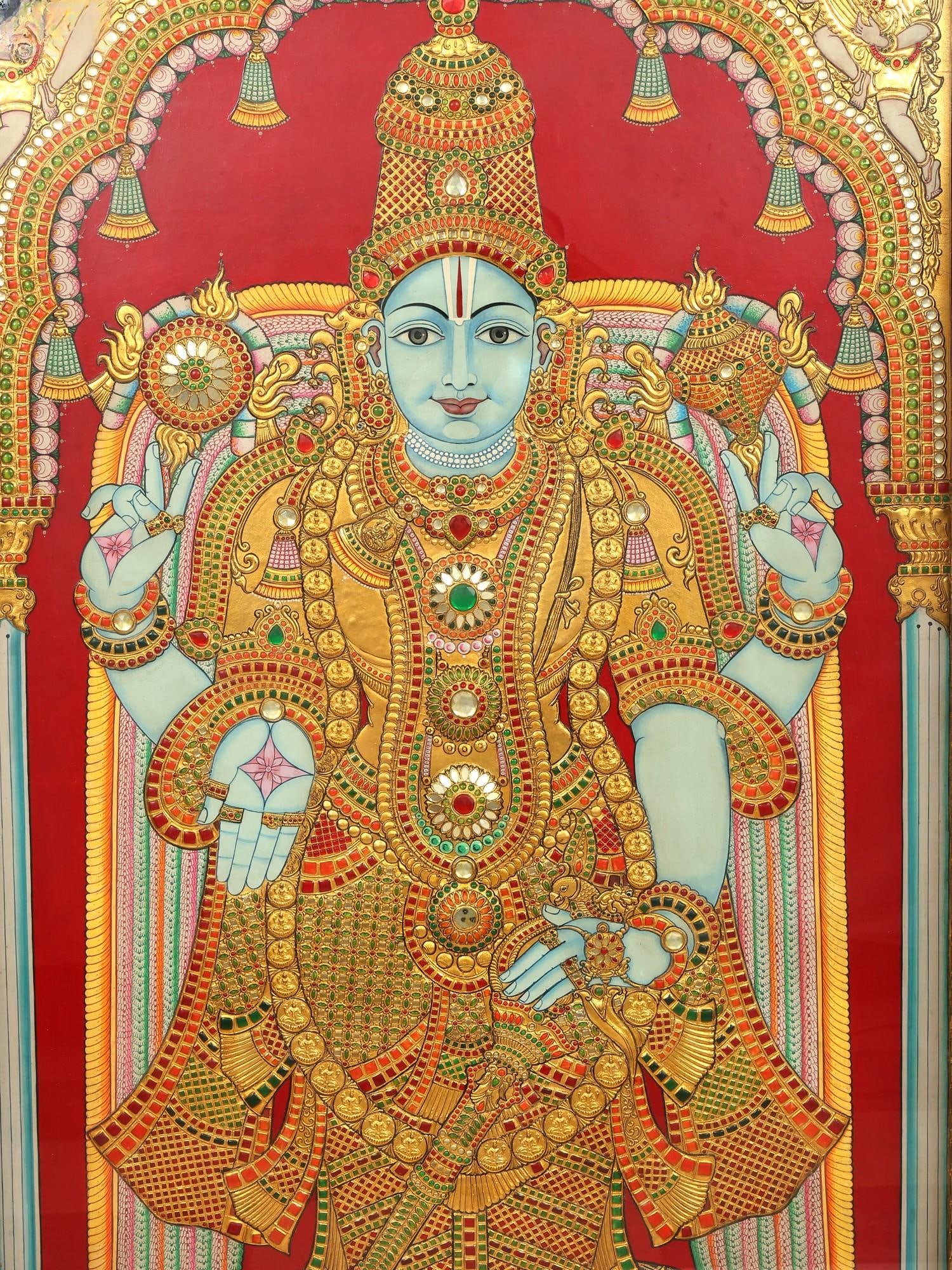 Standing Lord Vishnu | Traditional Tanjore Painting with Ornate Door Frame | 24 Karat Gold - 2