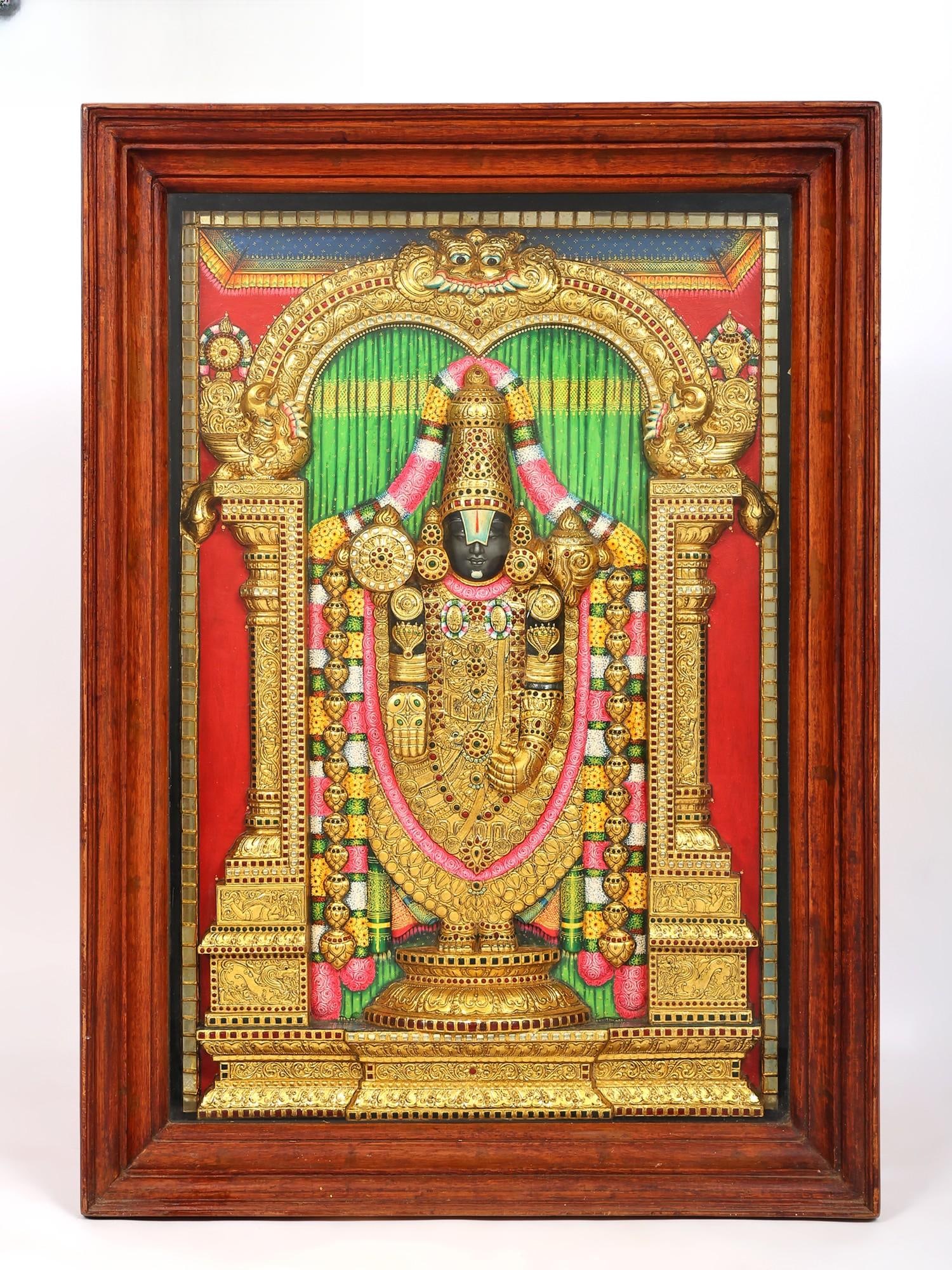 Embossed Tirupati Balaji (Venkateshvara) Tanjore Painting | Traditional Colors with 24 Karat Gold: Title: Embossed Tirupati Balaji (Venkateshvara) Tanjore Painting | Traditional Colors with 24 Karat Gold Work | With Frame Description: Tanjore (Thanjavur) Painting Reserve: $2,295.00 Shipping: Domest