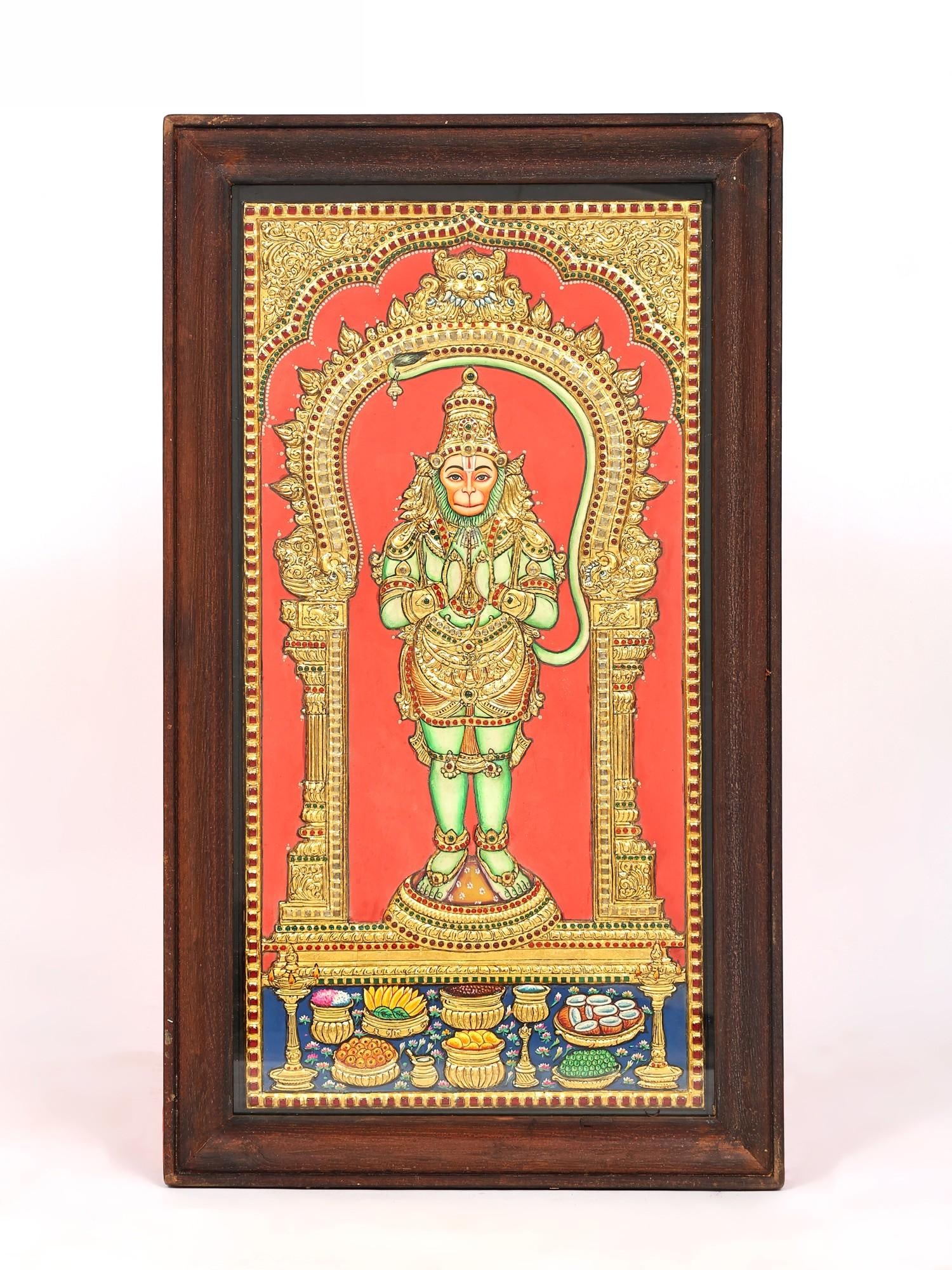 Standing Lord Hanuman in Namaskar Mudra | Framed Tanjore Painting with 24 Karat Gold Work: Title: Standing Lord Hanuman in Namaskar Mudra | Framed Tanjore Painting with 24 Karat Gold Work Description: Tanjore (Thanjavur) Painting Reserve: $855.00 Shipping: Domestic: Shipping rates