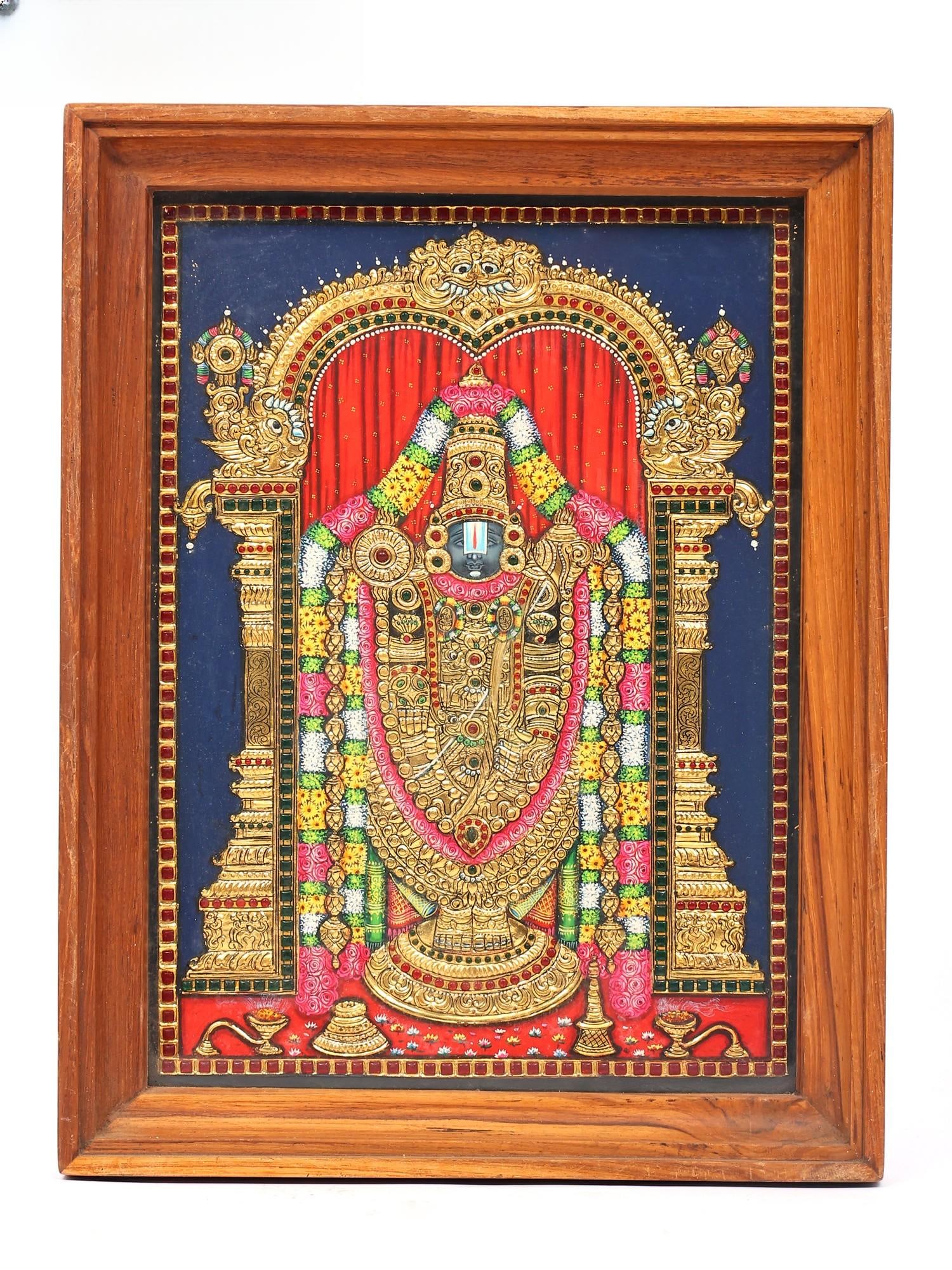 Lord Tirupati Balaji (Venkateshvara) with Kirtimukha Prabhavali | Framed Tanjore Painting with 24: Title: Lord Tirupati Balaji (Venkateshvara) with Kirtimukha Prabhavali | Framed Tanjore Painting with 24 Karat Gold Work Description: Tanjore (Thanjavur) Painting Reserve: $405.00 Shipping: Domestic: