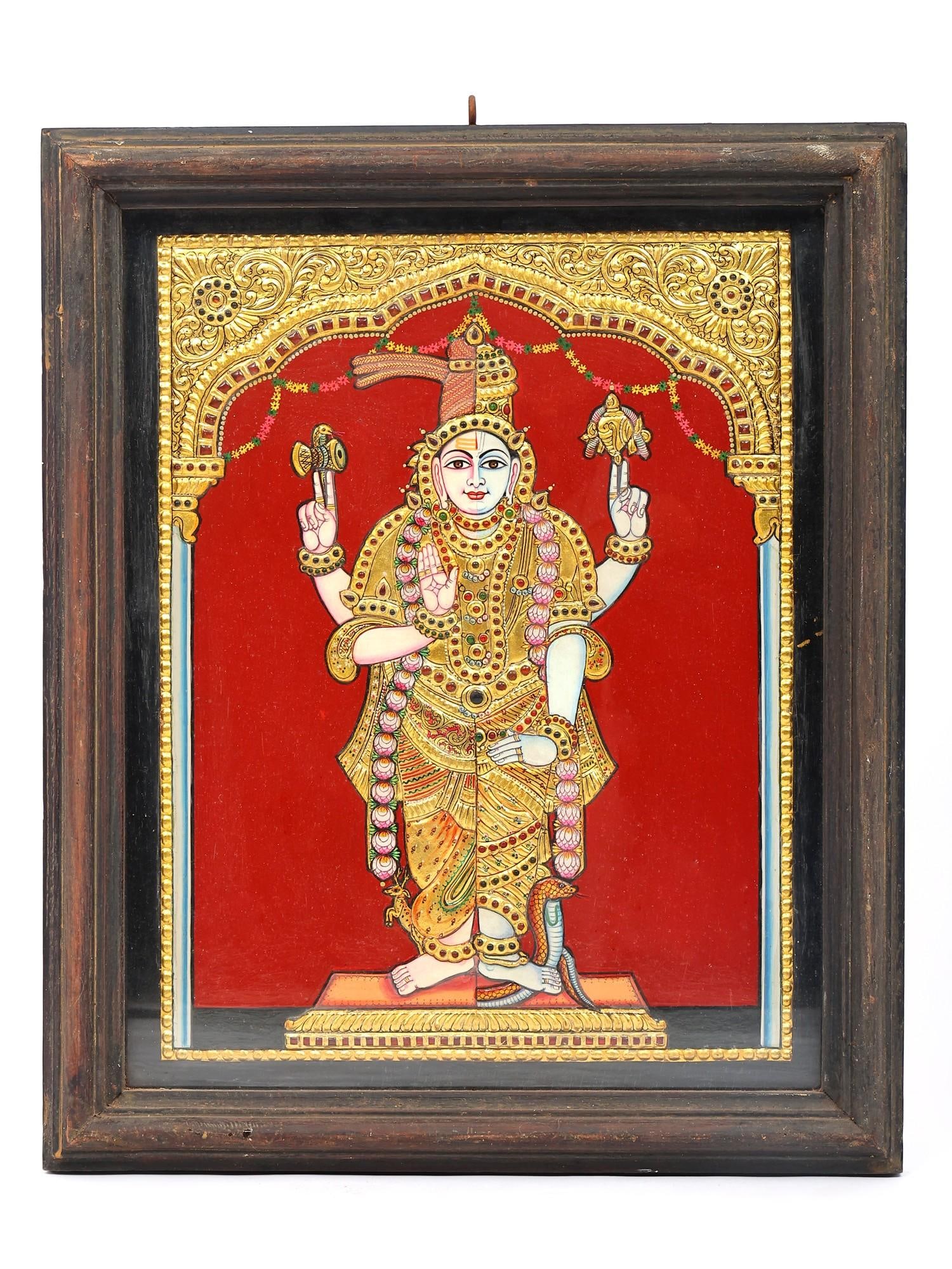 Harihara - Dual Representation of The Hindu Deities Vishnu (Hari) and Shiva (Hara) | Framed Tanjore: Title: Harihara - Dual Representation of The Hindu Deities Vishnu (Hari) and Shiva (Hara) | Framed Tanjore Painting with 24 Karat Gold Work Description: Tanjore (Thanjavur) Painting Reserve: $568.00 S