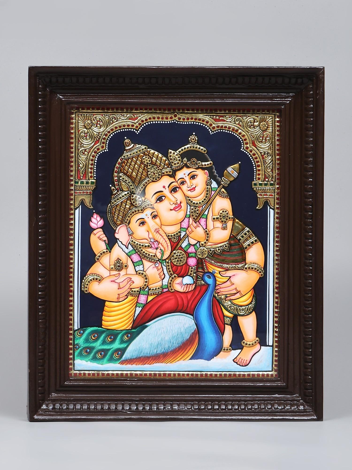 Devi Maa Parvati with Son Ganesha and Karttikeya (Murugan) | 24 Karat Gold Work | Framed Tanjore: Title: Devi Maa Parvati with Son Ganesha and Karttikeya (Murugan) | 24 Karat Gold Work | Framed Tanjore Painting Description: Tanjore (Thanjavur) Painting Reserve: $365.00 Shipping: Domestic: Shipping