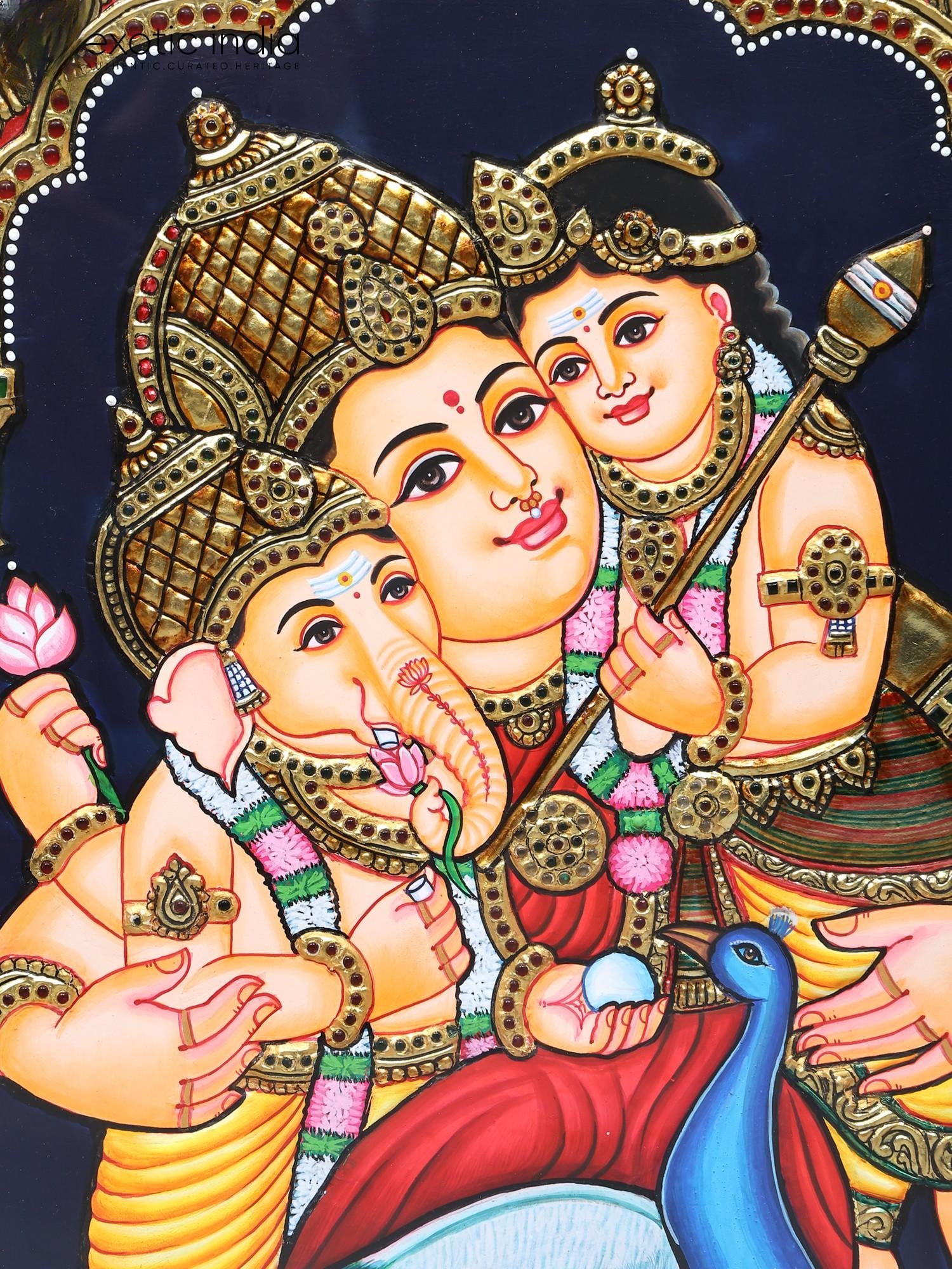 Devi Maa Parvati with Son Ganesha and Karttikeya (Murugan) | 24 Karat Gold Work | Framed Tanjore - 2