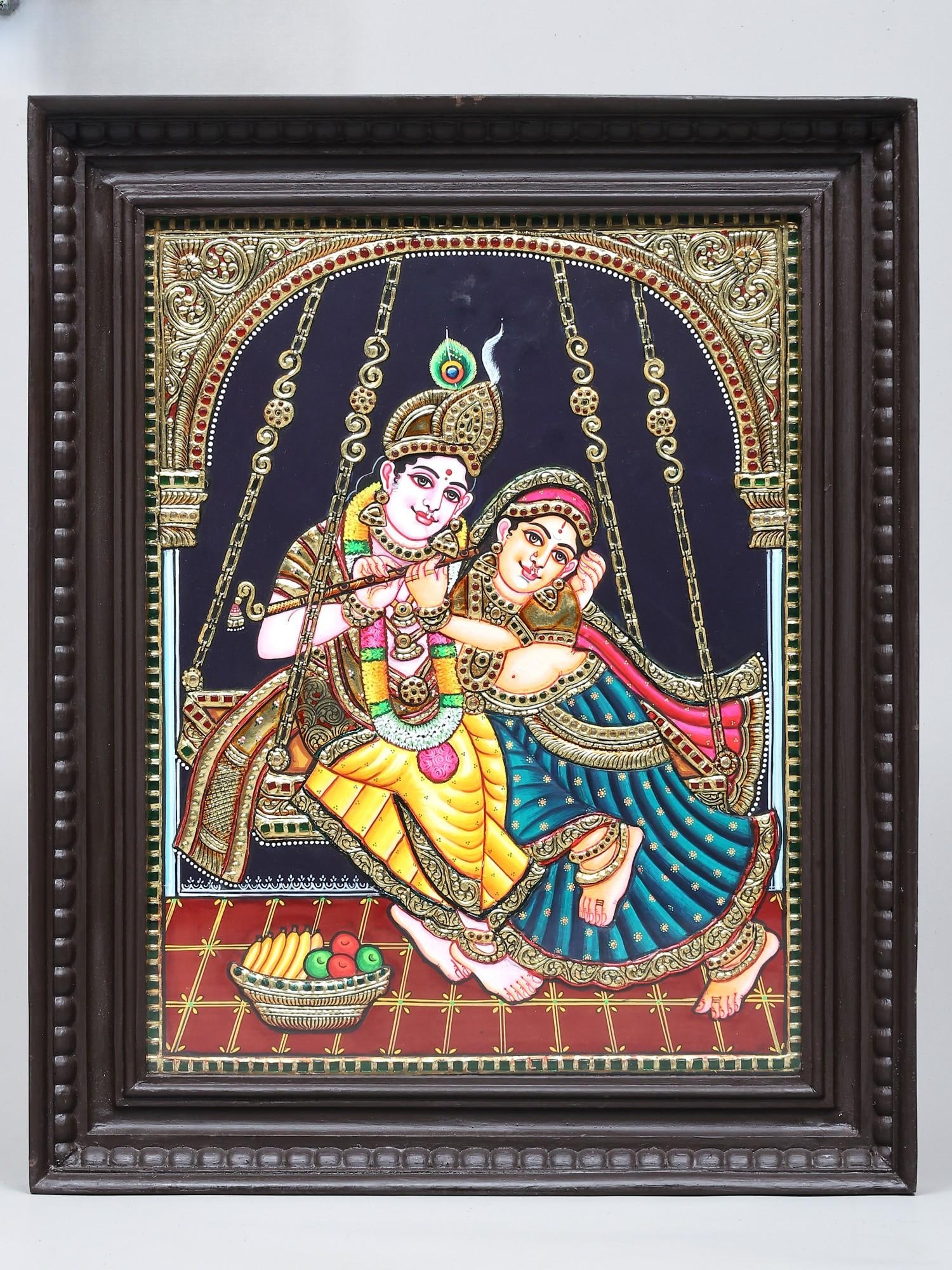 Radha Krishna on Swing | 24 Karat Gold Work | Framed Tanjore Painting (1 of 2)