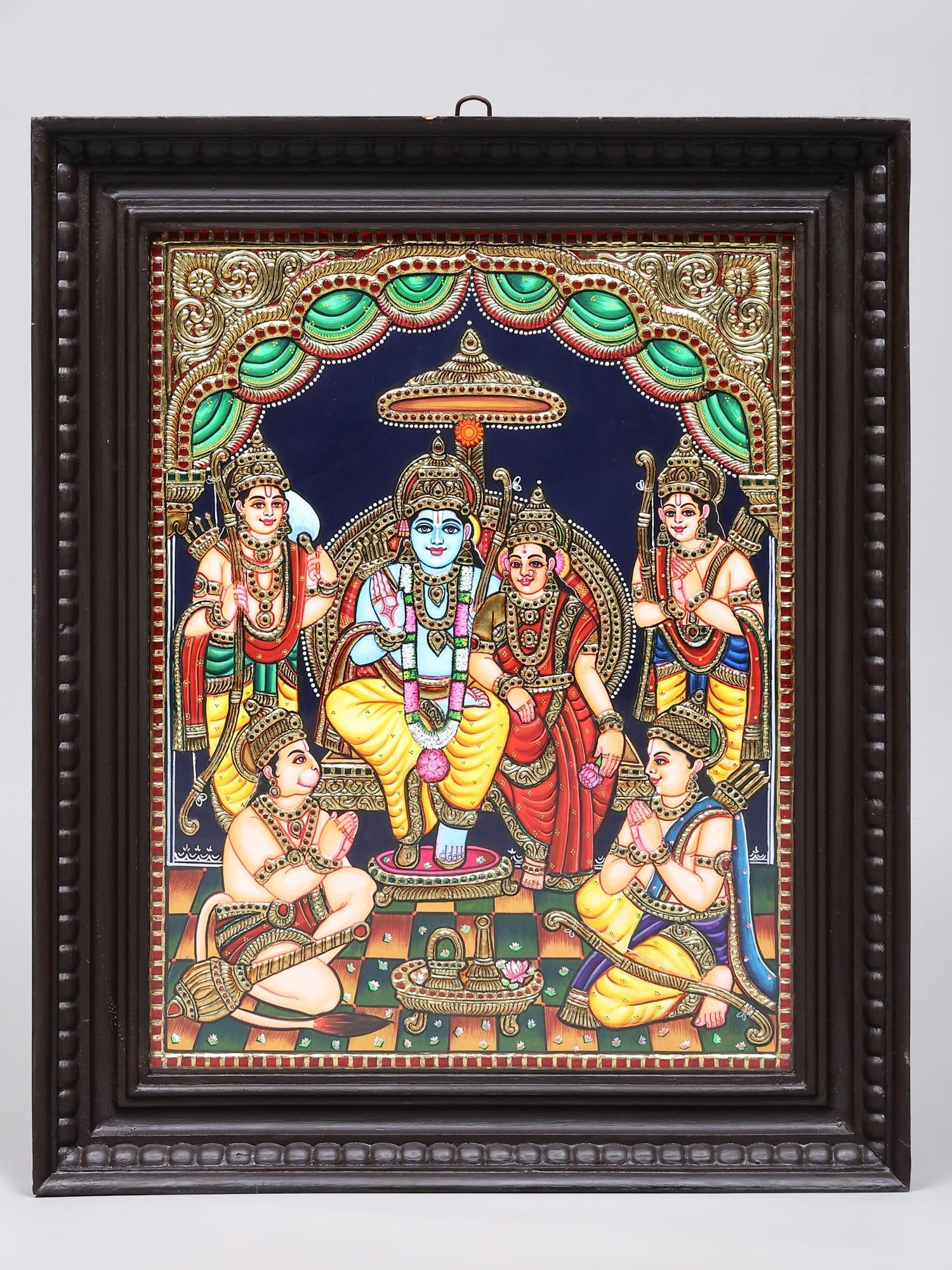 Ram Darbar (Ram, Sita, Lakshman, Hanuman, Bharat and Shatrughna) | 24 Karat Gold Work | Framed: Title: Ram Darbar (Ram, Sita, Lakshman, Hanuman, Bharat and Shatrughna) | 24 Karat Gold Work | Framed Tanjore Painting Description: Tanjore (Thanjavur) Painting Reserve: $557.00 Shipping: Domestic: