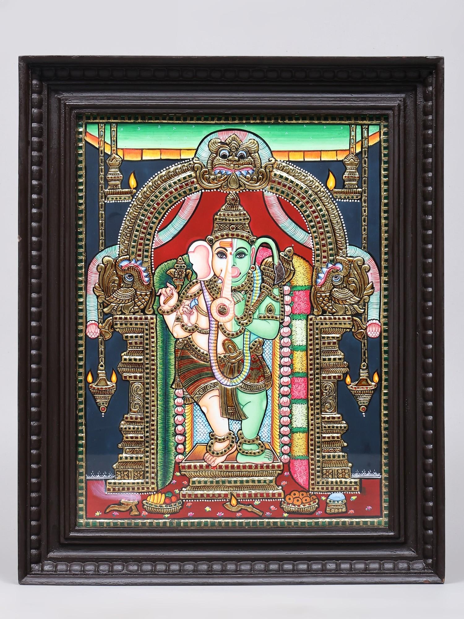 Adhyantha Prabhu (Half Ganesha Half Hanuman) | 24 Karat Gold Work | Framed Tanjore Painting: Title: Adhyantha Prabhu (Half Ganesha Half Hanuman) | 24 Karat Gold Work | Framed Tanjore Painting Description: Tanjore (Thanjavur) Painting Reserve: $613.00 Shipping: Domestic: Shipping rates