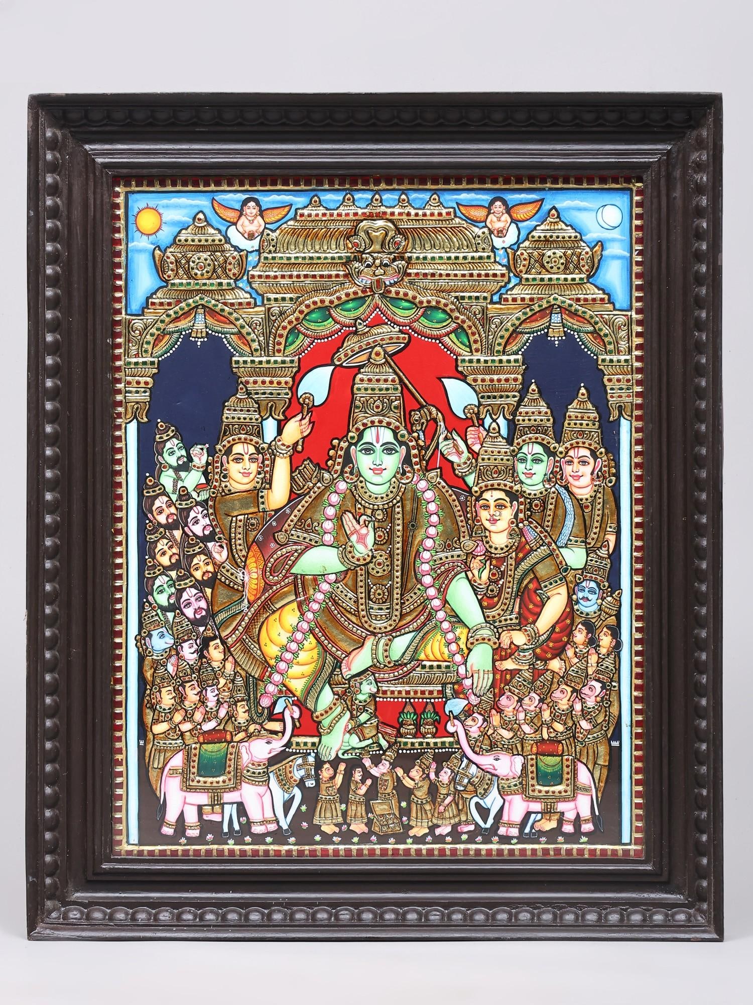 Shri Rama Pattabhishekam | 24 Karat Gold | Framed Tanjore Painting: Title: Shri Rama Pattabhishekam | 24 Karat Gold | Framed Tanjore Painting Description: Tanjore (Thanjavur) Painting Reserve: $703.00 Shipping: Domestic: Shipping rates are determined by