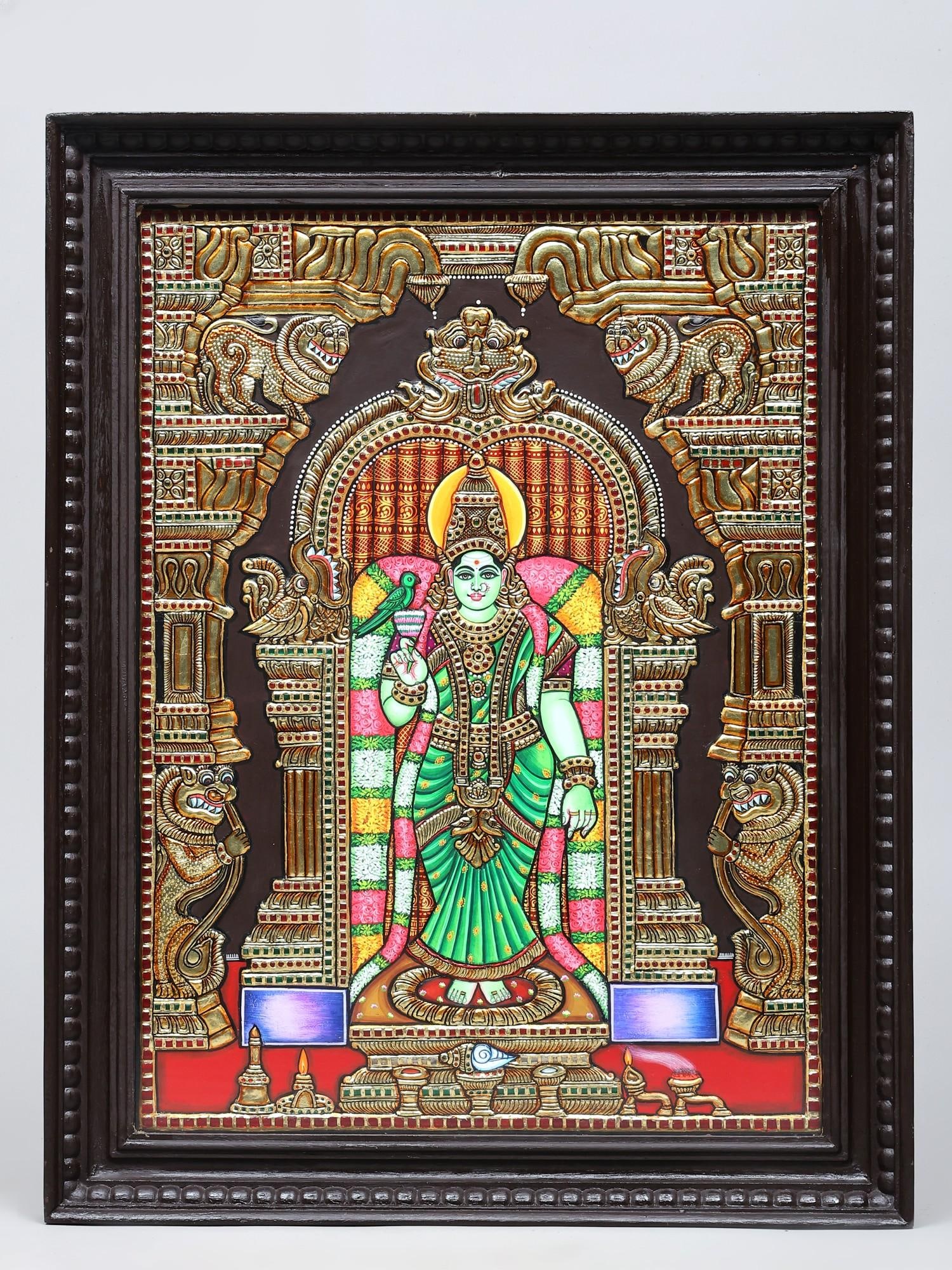 Goddess Meenakshi | 24 Karat Gold Work | Framed Tanjore Painting: Title: Goddess Meenakshi | 24 Karat Gold Work | Framed Tanjore Painting Description: Tanjore (Thanjavur) Painting Reserve: $760.00 Shipping: Domestic: Shipping rates are determined by destin