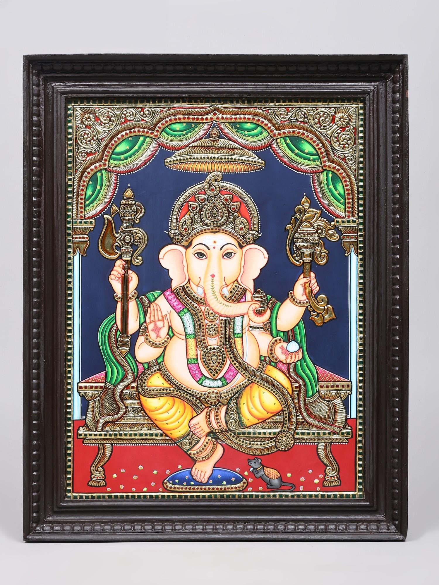 Four Armed Blessing Lord Ganesha | 24 Karat Gold Work | Framed Tanjore Painting: Title: Four Armed Blessing Lord Ganesha | 24 Karat Gold Work | Framed Tanjore Painting Description: Tanjore (Thanjavur) Painting Reserve: $737.00 Shipping: Domestic: Shipping rates are determined