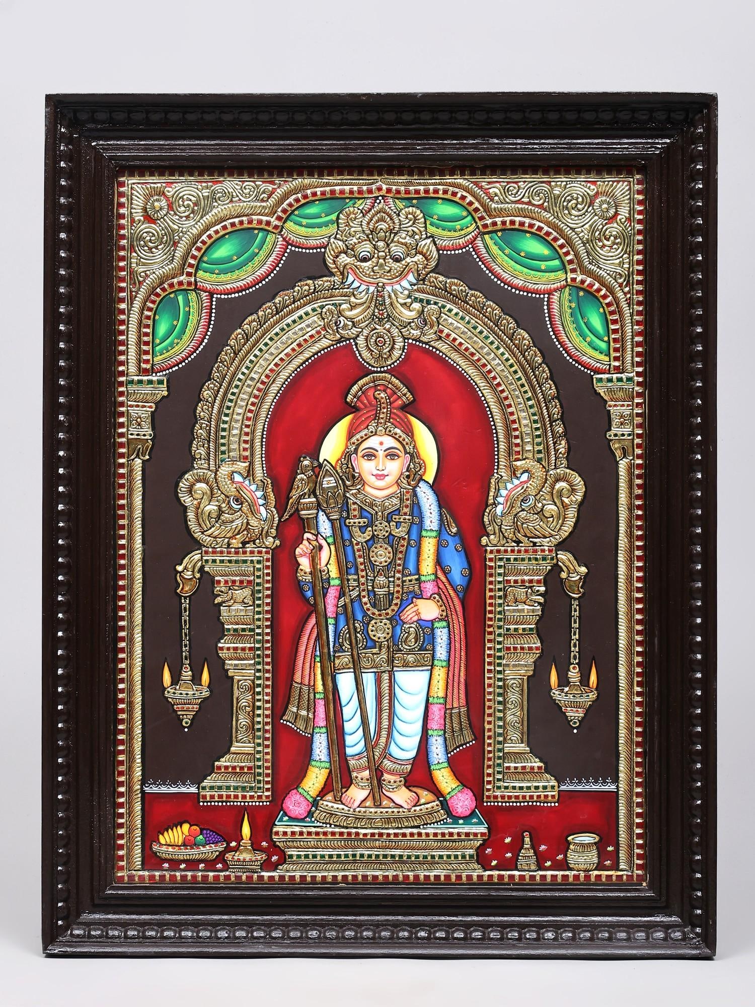 Standing Lord Murugan (Karttikeya) | 24 Karat Gold Work | Framed Tanjore Painting: Title: Standing Lord Murugan (Karttikeya) | 24 Karat Gold Work | Framed Tanjore Painting Description: Tanjore (Thanjavur) Painting Reserve: $760.00 Shipping: Domestic: Shipping rates are determin