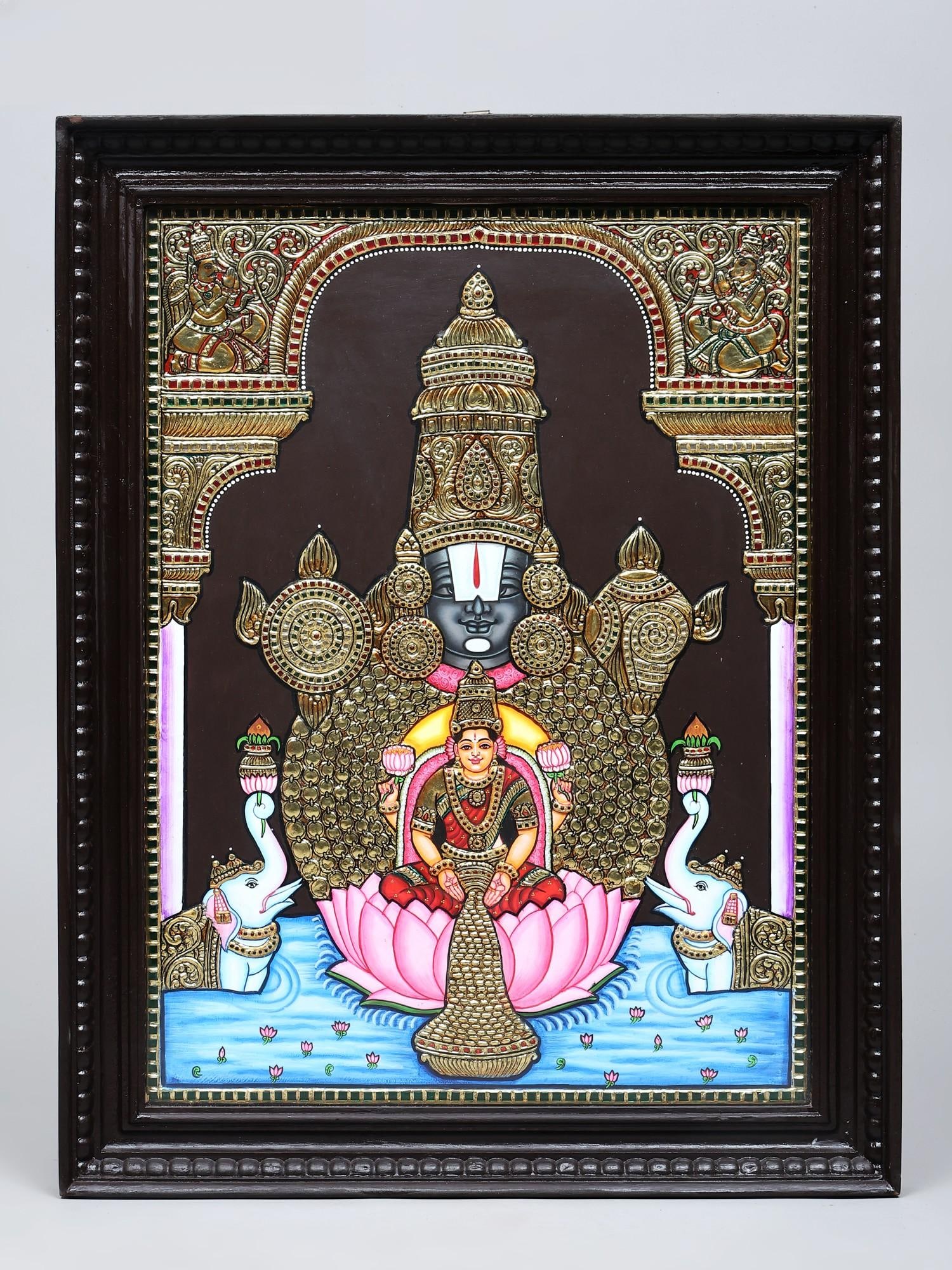 Tirupati Balaji (Venkateshvara) with Gajalakshmi | 24 Karat Gold Work | Framed Tanjore Painting: Title: Tirupati Balaji (Venkateshvara) with Gajalakshmi | 24 Karat Gold Work | Framed Tanjore Painting Description: Tanjore (Thanjavur) Painting Reserve: $760.00 Shipping: Domestic: Shipping rates are