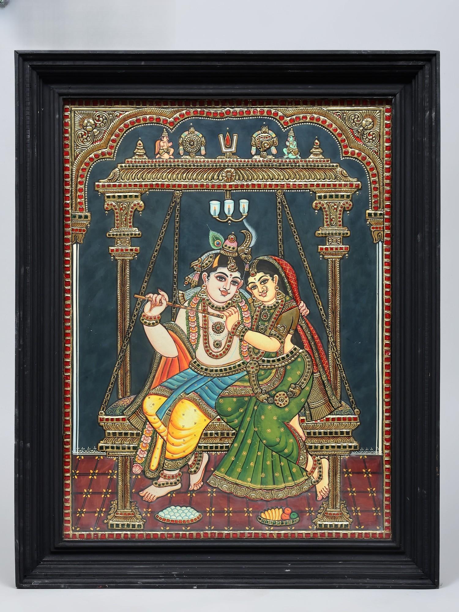 Radha Krishna on Swing | 24 Karat Gold Work | Framed Tanjore Painting (1 of 2)