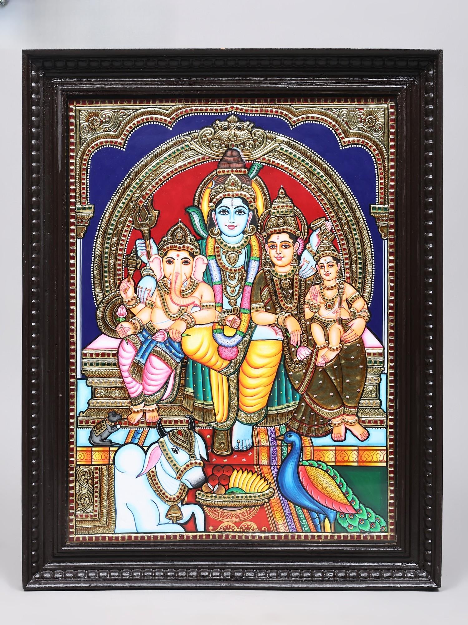Shiva Parivar | 24 Karat Gold Work | Framed Tanjore Painting: Title: Shiva Parivar | 24 Karat Gold Work | Framed Tanjore Painting Description: Tanjore (Thanjavur) Painting Reserve: $760.00 Shipping: Domestic: Shipping rates are determined by