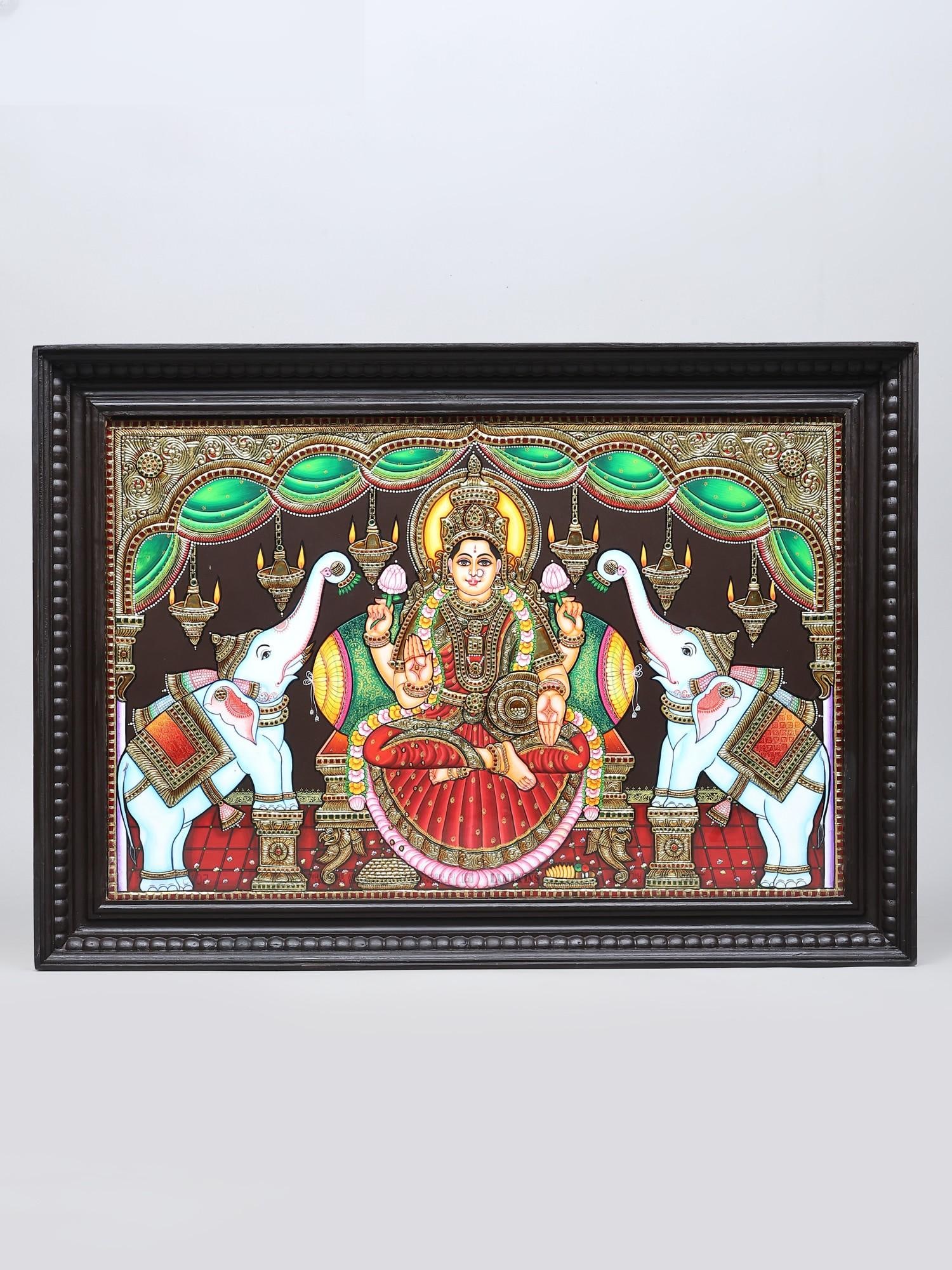 Blessing Goddess Gajalakshmi | 24 Karat Gold Work | Framed Tanjore Painting (1 of 2)