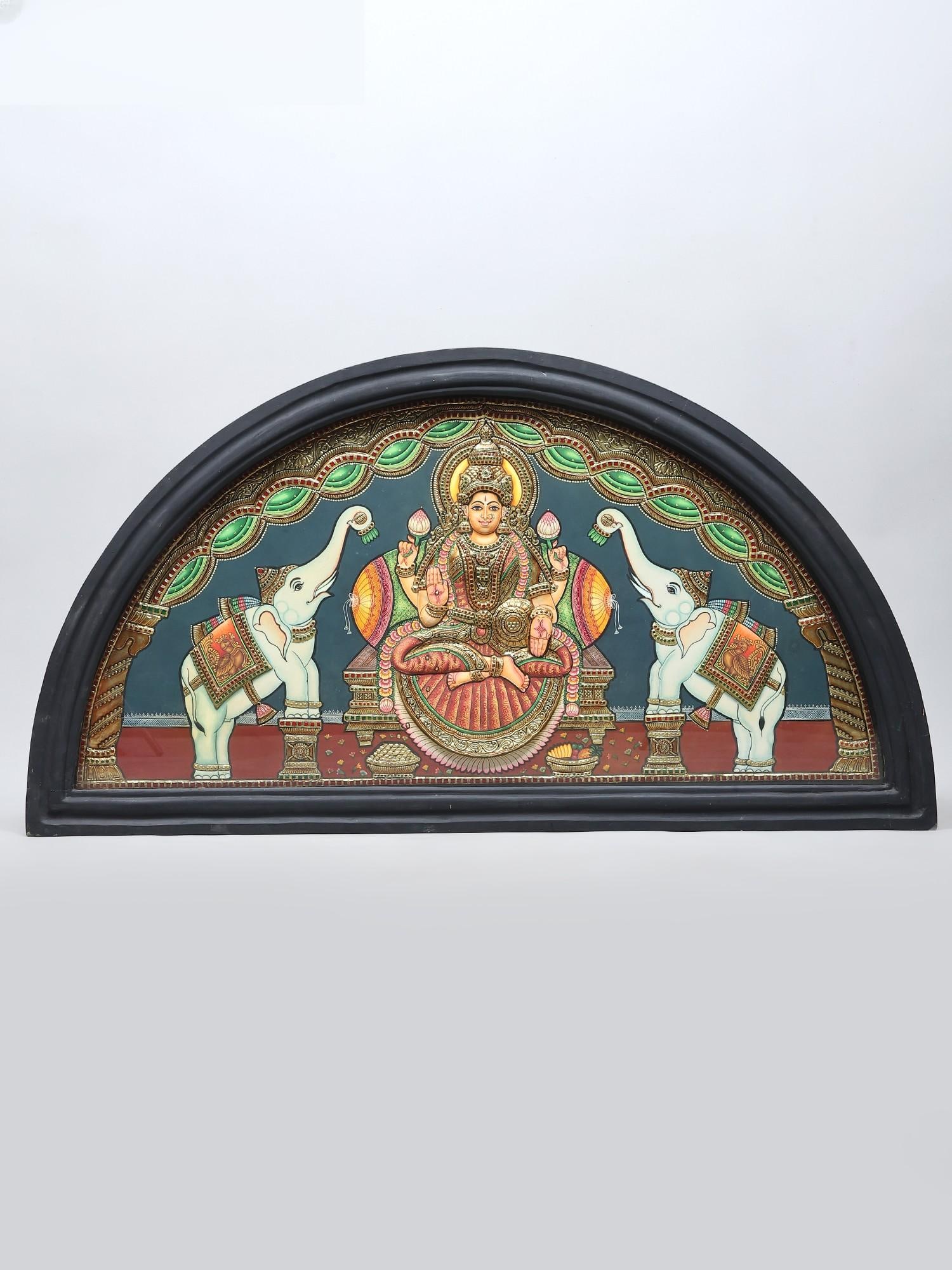 Blessing Goddess Gajalakshmi | 24 Karat Gold Work | Semicircle Shape Framed Tanjore Painting (1 of 2)