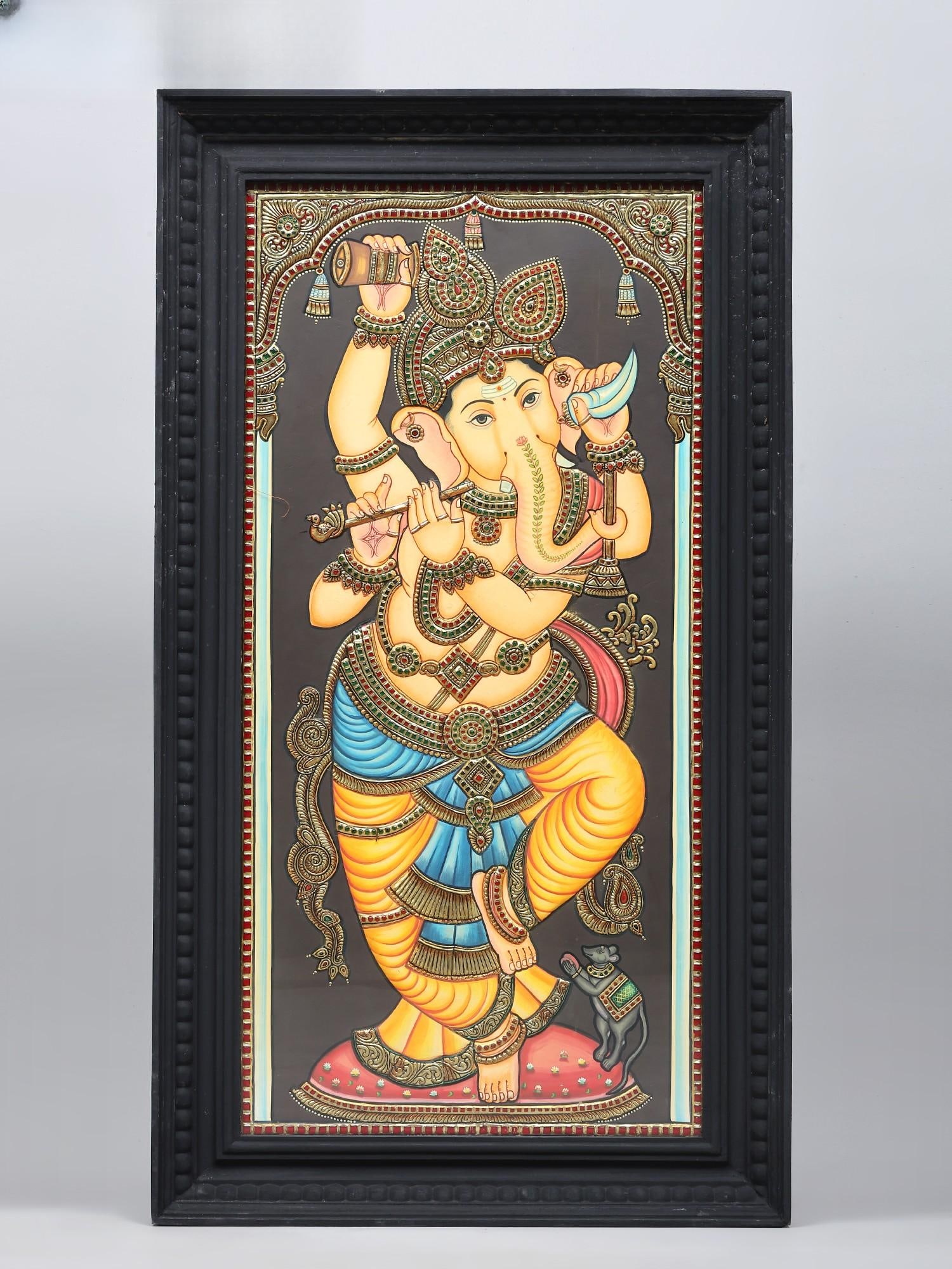 Lord Ganesha Dancing and Playing Flute | 24 Karat Gold Work | Framed Tanjore Painting: Title: Lord Ganesha Dancing and Playing Flute | 24 Karat Gold Work | Framed Tanjore Painting Description: Tanjore (Thanjavur) Painting Reserve: $1,175.00 Shipping: Domestic: Shipping rates are de