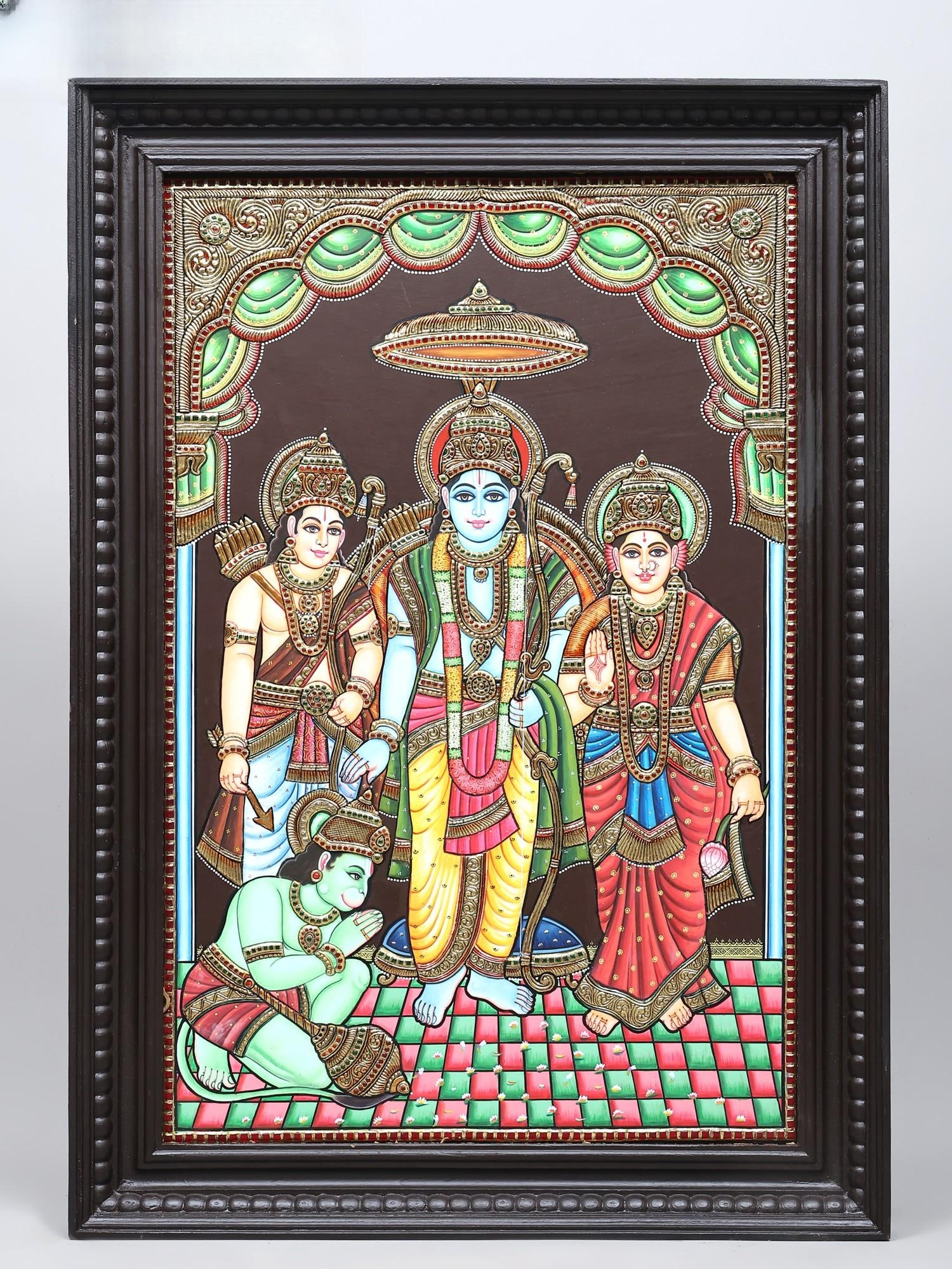 Shri Ram Darbar | 24 Karat Gold Work | Framed Tanjore Painting: Title: Shri Ram Darbar | 24 Karat Gold Work | Framed Tanjore Painting Description: Tanjore (Thanjavur) Painting Reserve: $1,625.00 Shipping: Domestic: Shipping rates are determined by destin