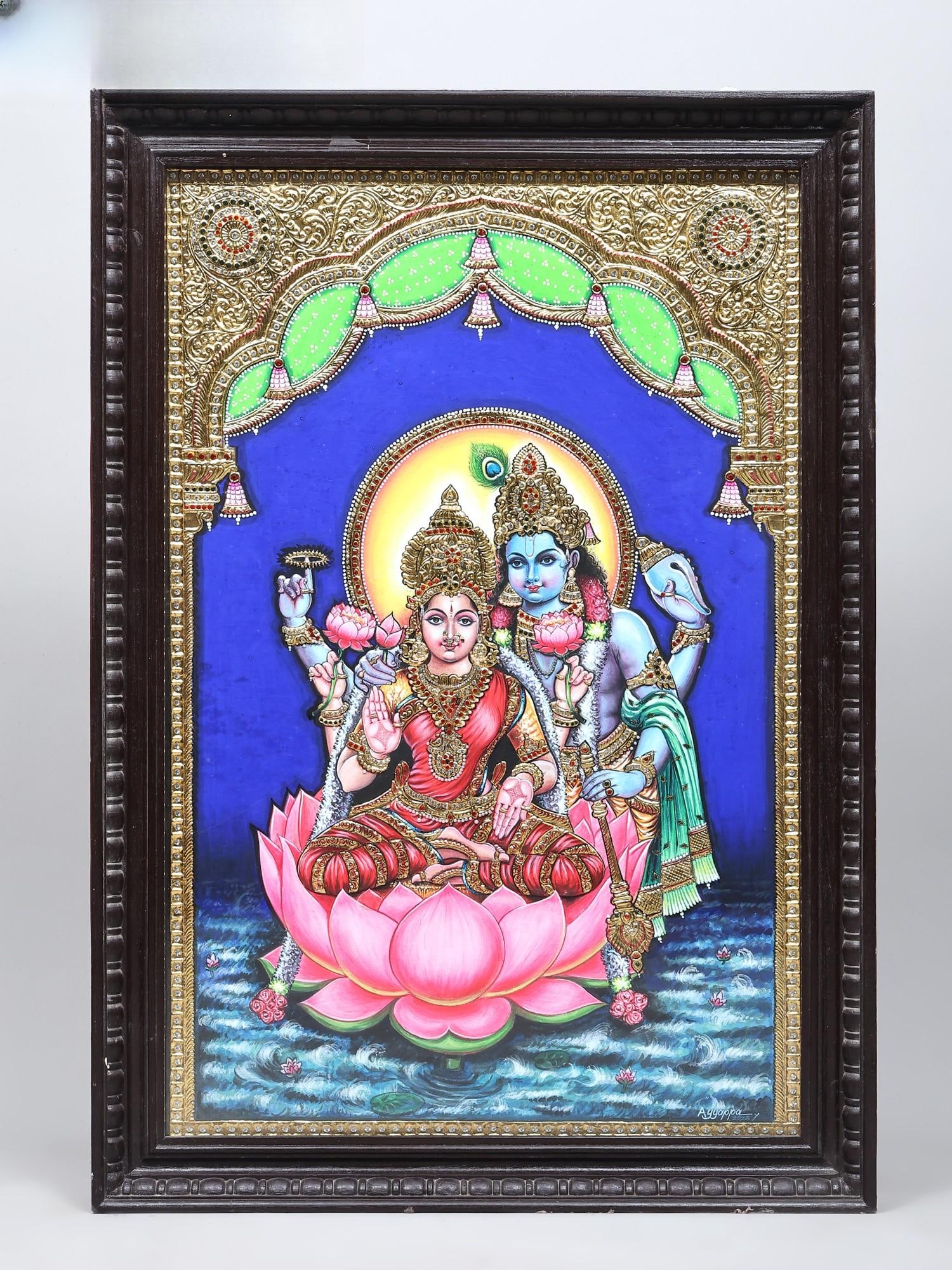 Vishnu Lakshmi | 24 Karat Gold Work | Framed Tanjore Painting (State Award Winner): Title: Vishnu Lakshmi | 24 Karat Gold Work | Framed Tanjore Painting (State Award Winner) Description: Tanjore (Thanjavur) Painting Reserve: $2,470.00 Shipping: Domestic: Shipping rates are deter