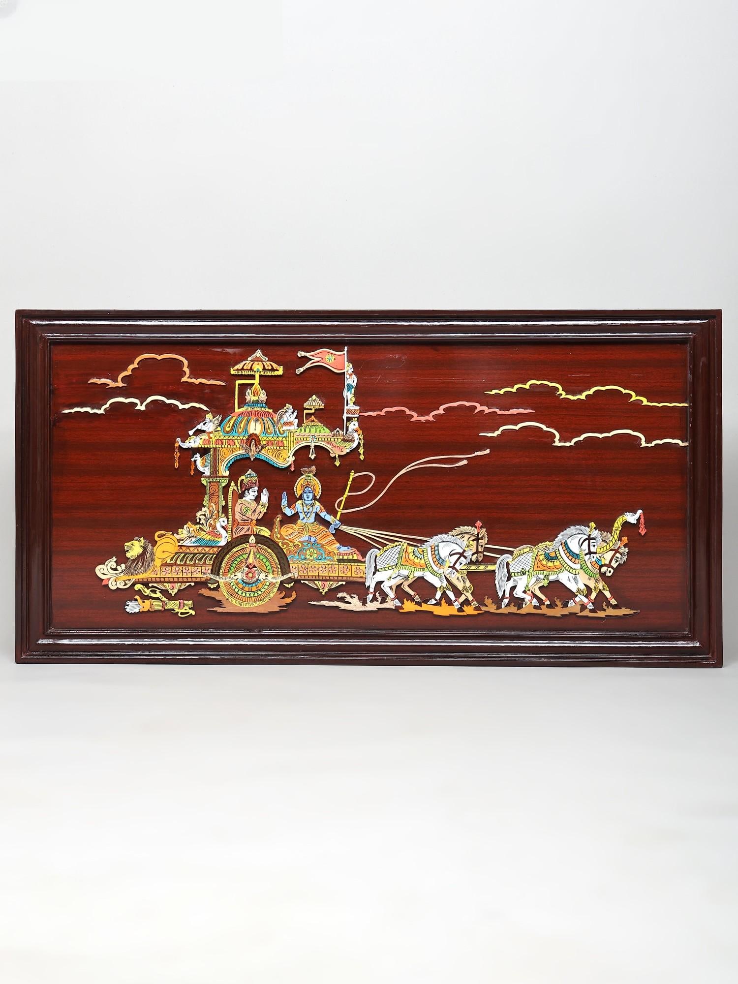 48" Geeta Updesh with Lord Krishna and Arjun - Mahabharata | Natural Color on 3D Wood Panel with: Title: 48" Geeta Updesh with Lord Krishna and Arjun - Mahabharata | Natural Color on 3D Wood Panel with Inlay Work Description: Mysore Wooden Inlay Panels Painting Reserve: $703.00 Shipping: