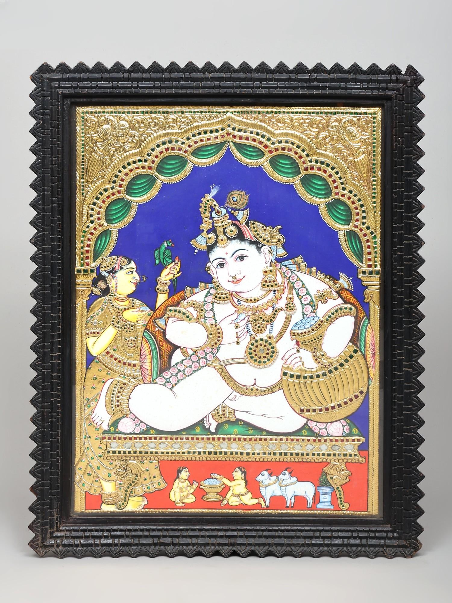 28" Little Krishna Eating Butter Tanjore Painting | Traditional Colors With 24K Gold (1 of 2)