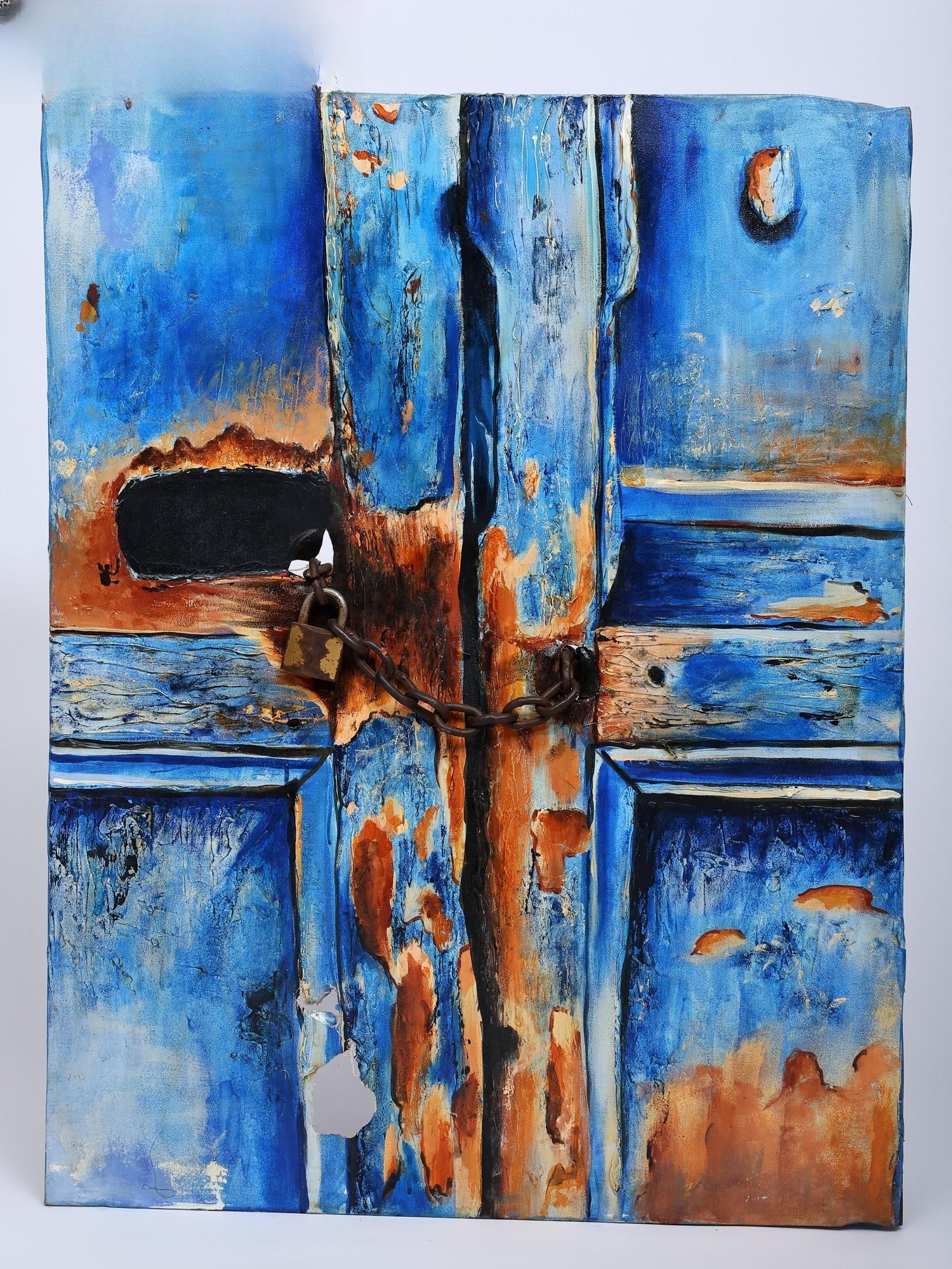 Blue Door with A Real Padlock and Chain - Old Memory | Acrylic on Canvas | Handmade Painting (1 of 2)
