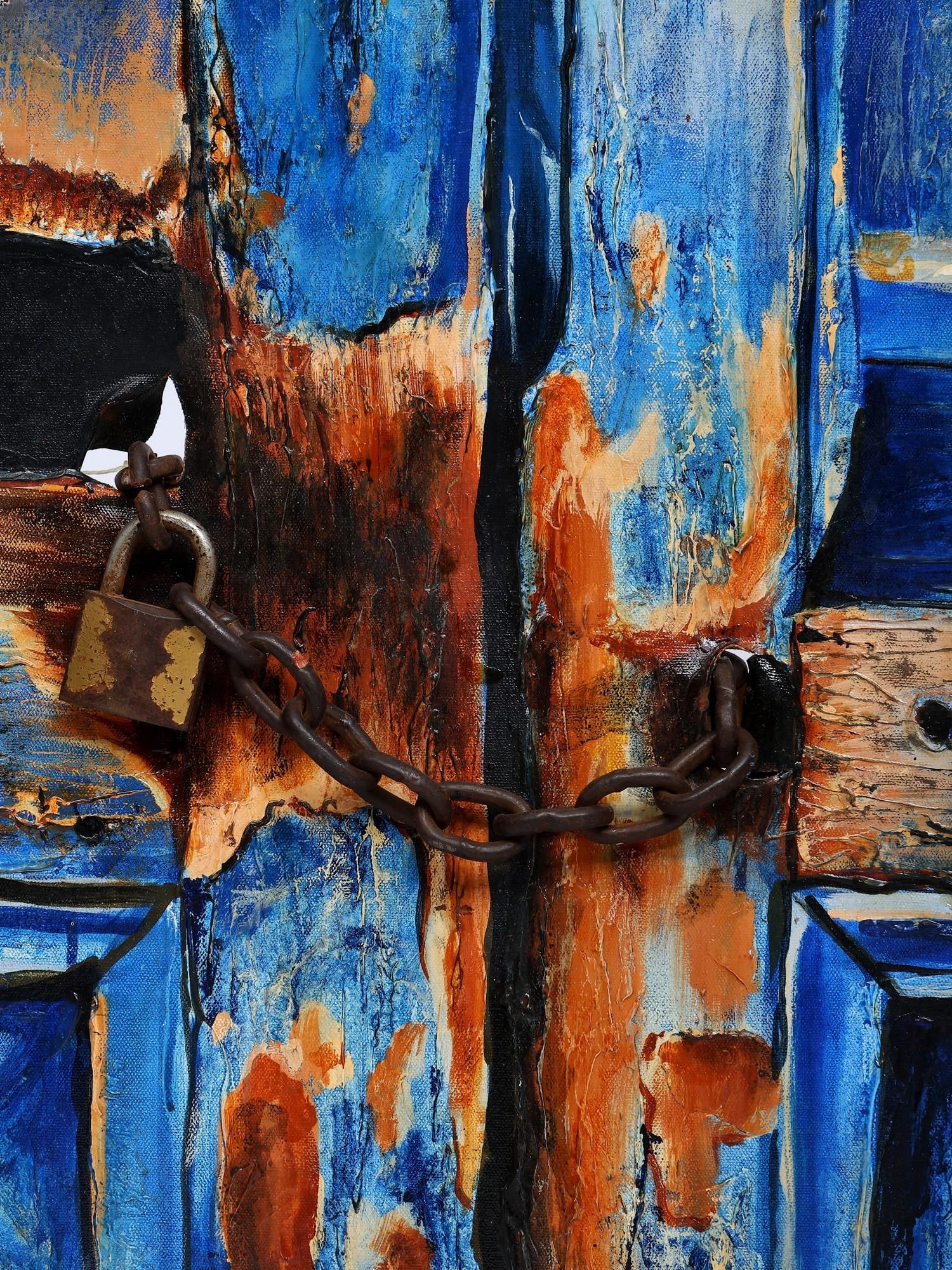 Blue Door with A Real Padlock and Chain - Old Memory | Acrylic on Canvas | Handmade Painting - 2