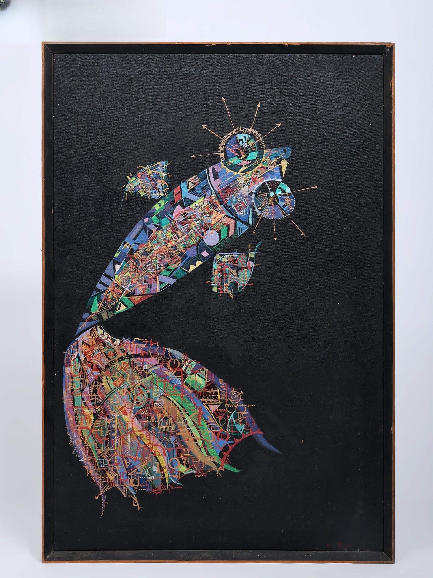 Floating Fish with Geometric Patterns and Vibrant Vibes | Acrylic on Canvas | Handmade Painting (1 of 2)
