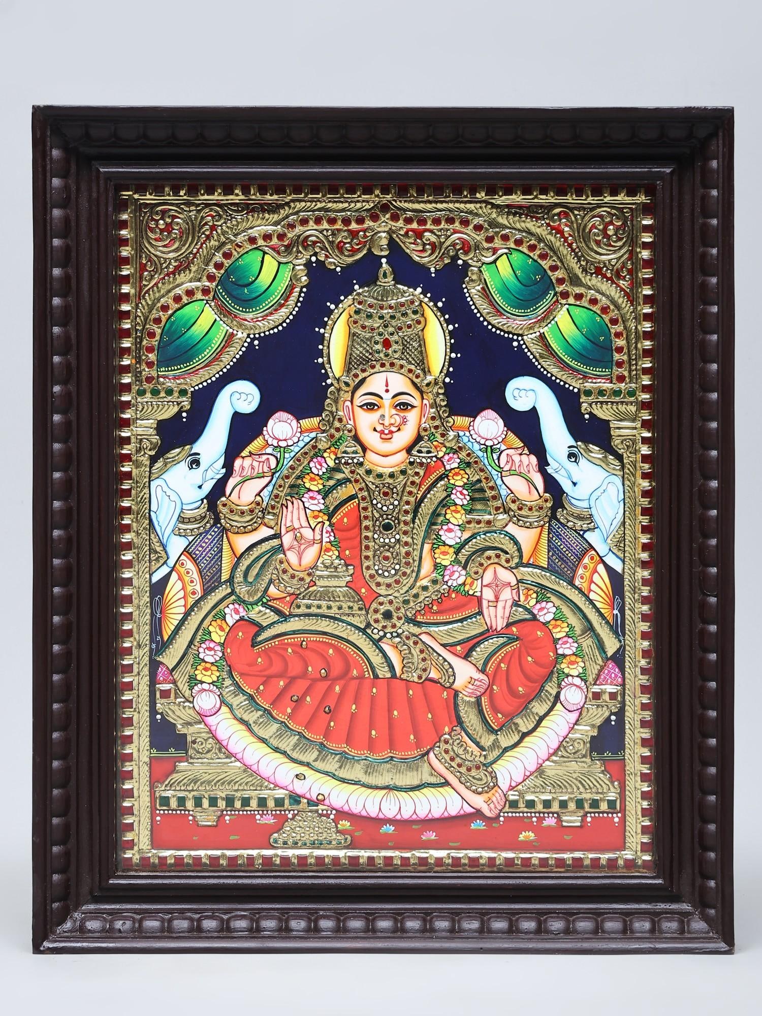 Goddess Gajalakshmi Seated on Throne | Traditional Colors with 24 Karat Gold | Tanjore Painting with (1 of 2)