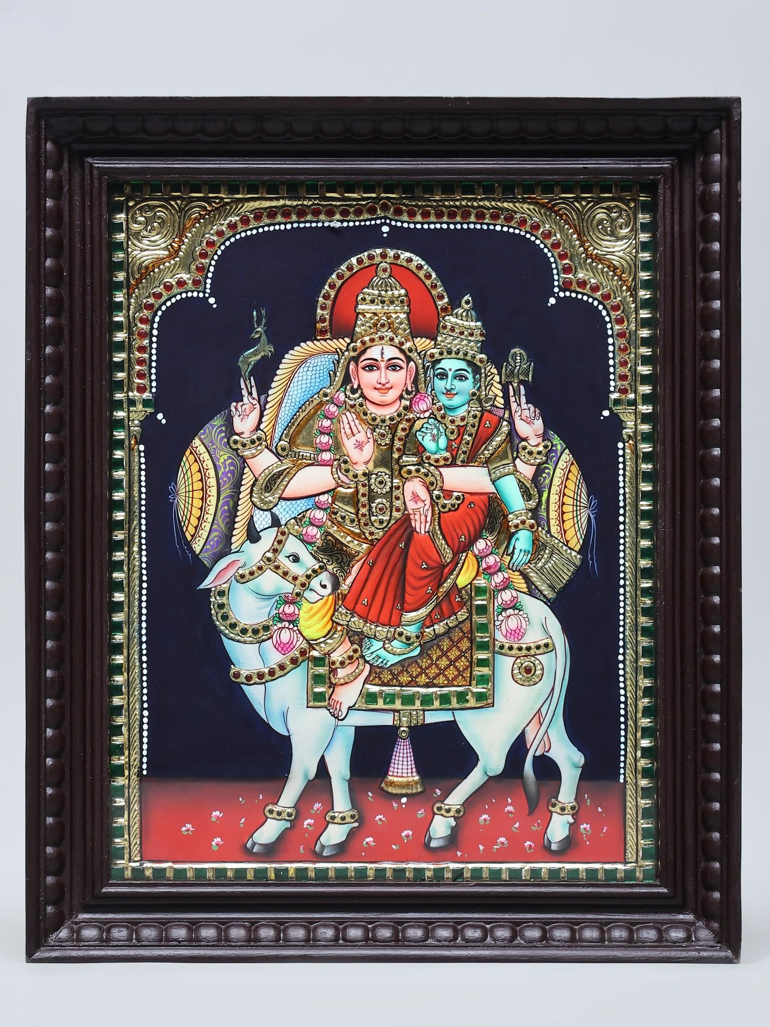 Lord Shiva and Goddess Parvati Seated on Nandi | Traditional Colors with 24 Karat Gold | Tanjore (1 of 2)