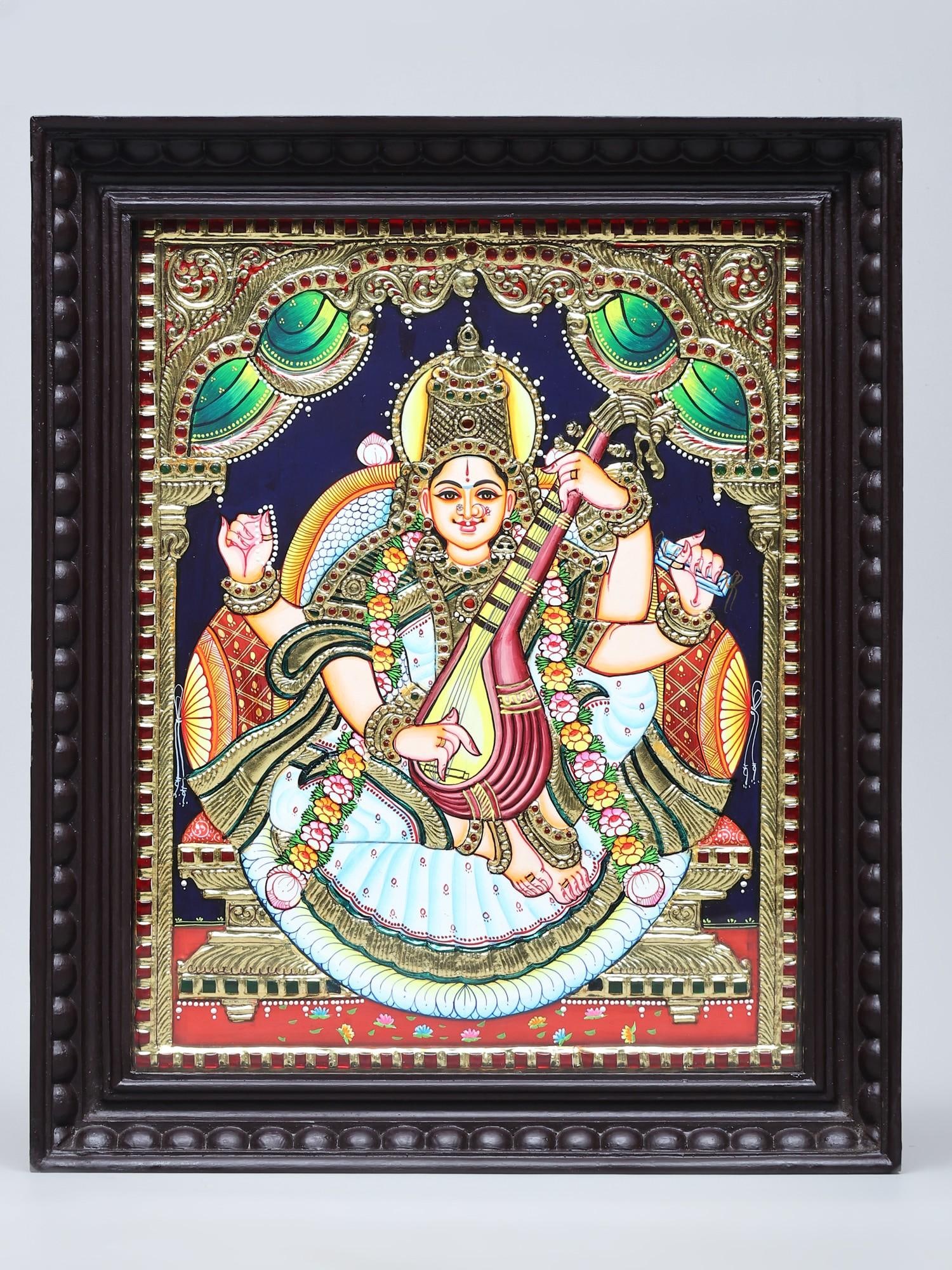 Four Armed Goddess Saraswati Playing Sitar | Traditional Colors with 24 Karat Gold | Tanjore (1 of 2)