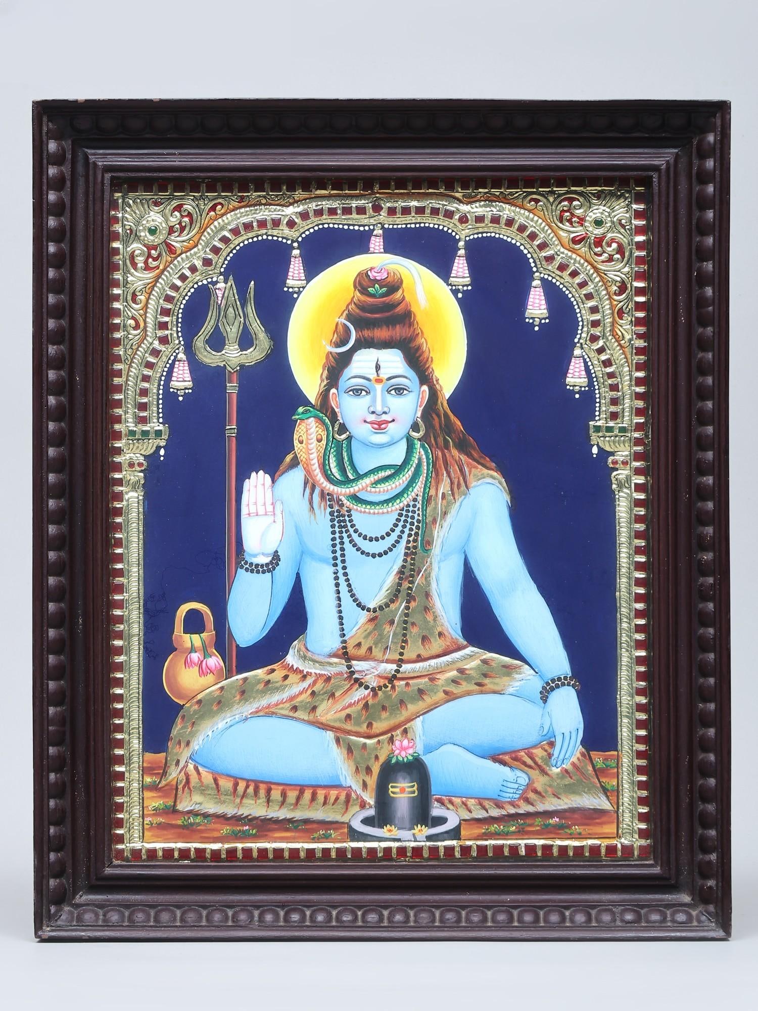 Lord Shiva Seated in Blessing Gesture | Traditional Colors with 24 Karat Gold | Tanjore Painting (1 of 2)