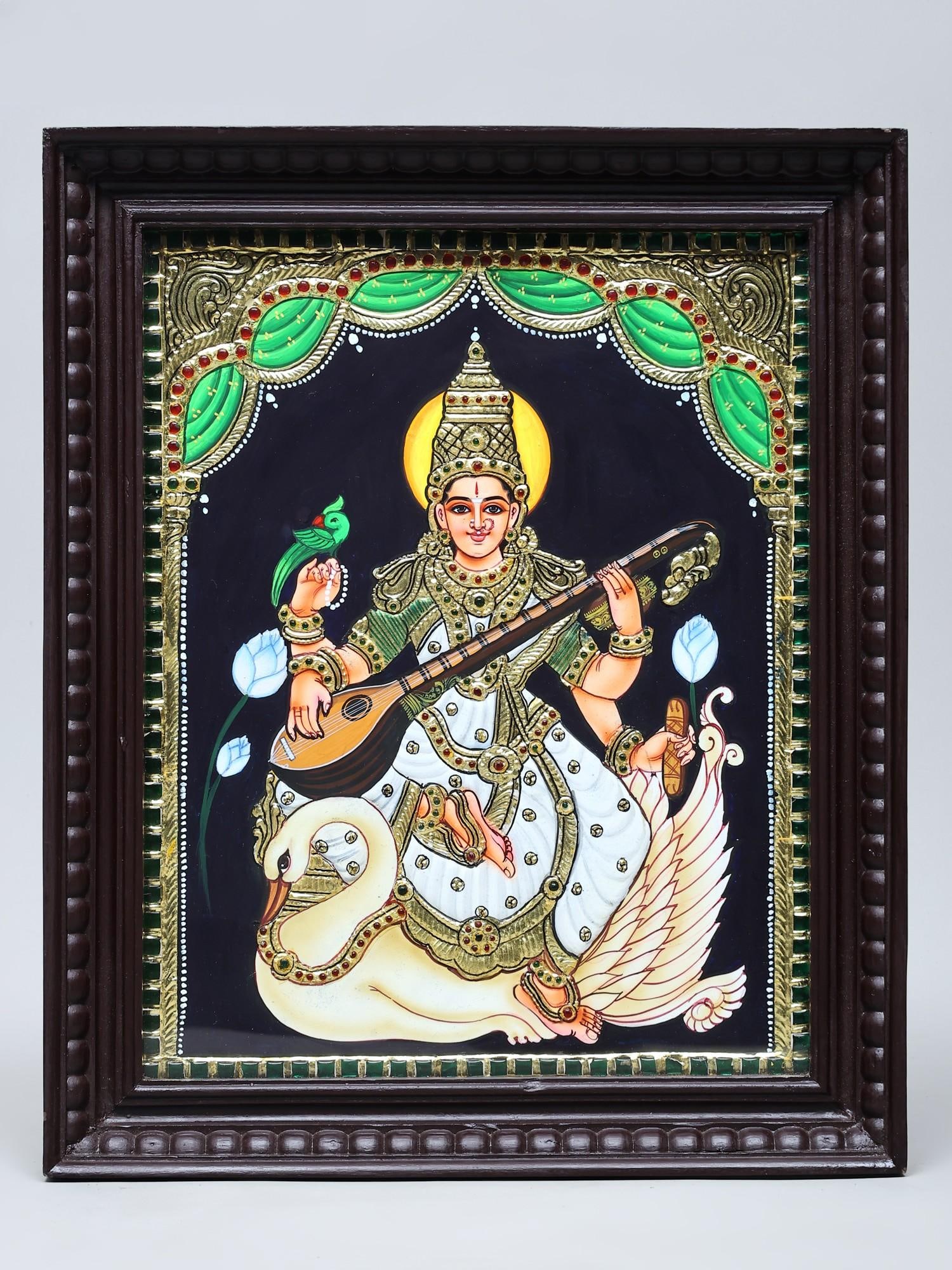 Four Armed Goddess Saraswati Seated on Swan | Handmade Tanjore Painting | Traditional Colors with 24 (1 of 2)