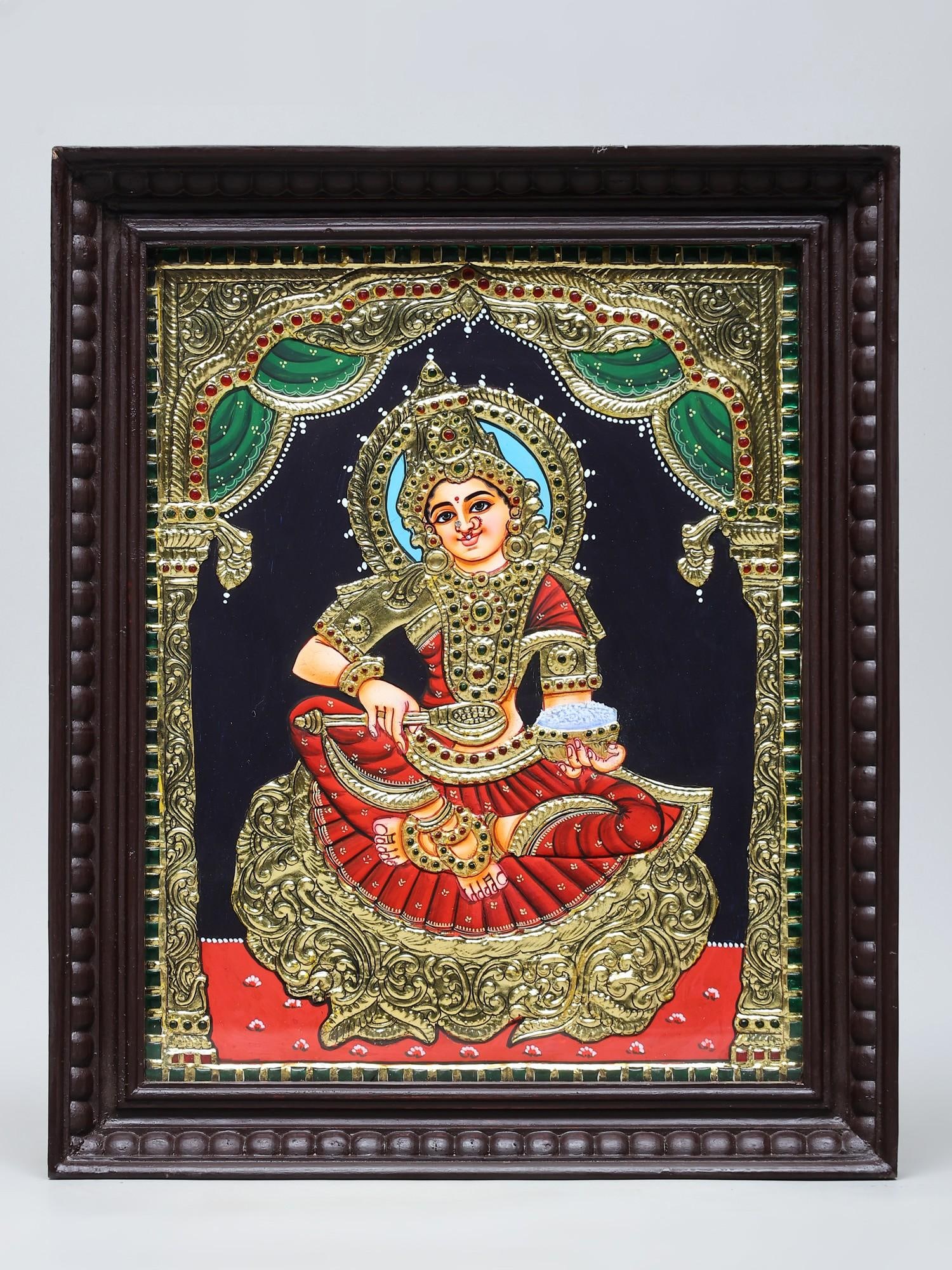 Seated Goddess Annapurna | Handmade Tanjore Painting | Traditional Colors with 24 Karat Gold | With (1 of 2)