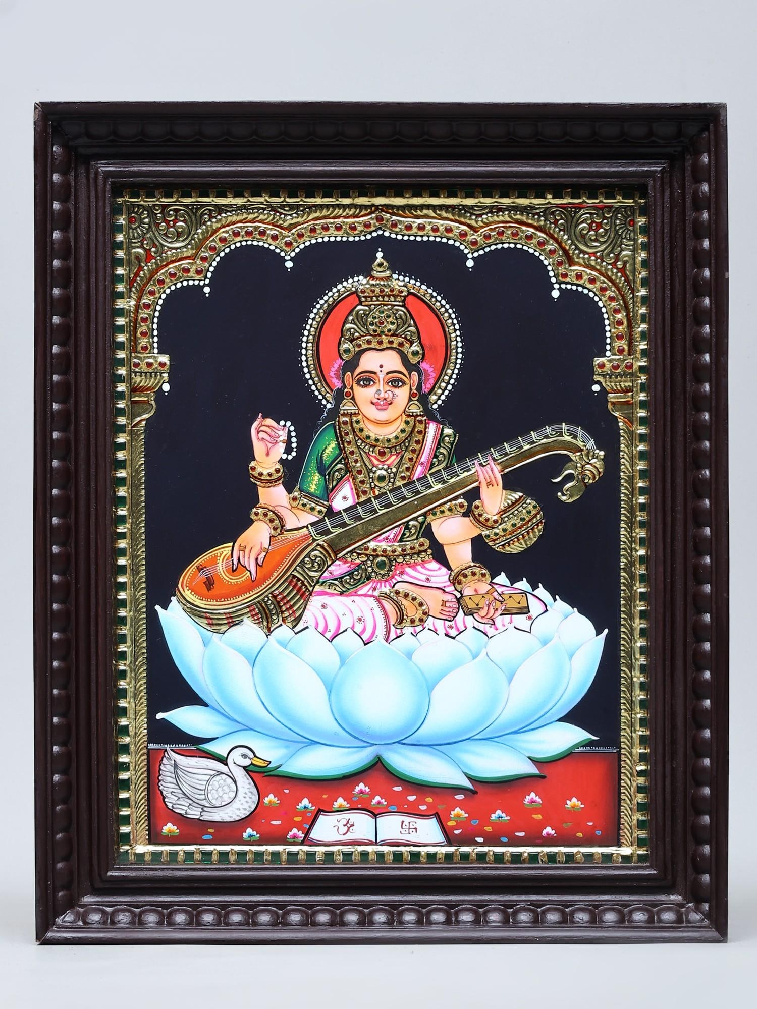 Goddess Saraswati Seated on Lotus with Sitar | Handmade Tanjore Painting | Traditional Colors with (1 of 2)