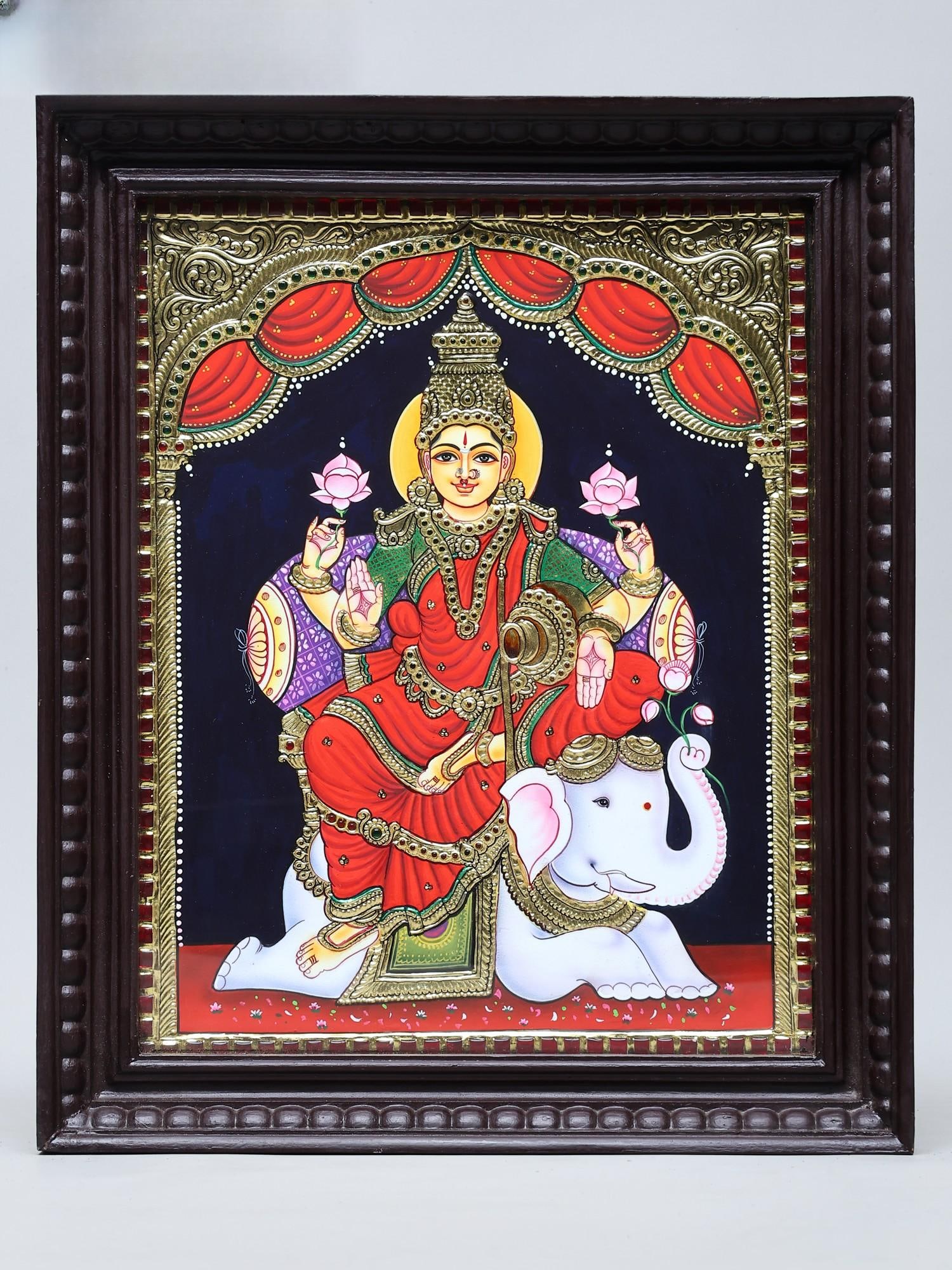 Four Armed Goddess Gajalakshmi | Handmade Tanjore Painting | Traditional Colors with 24 Karat Gold | (1 of 2)