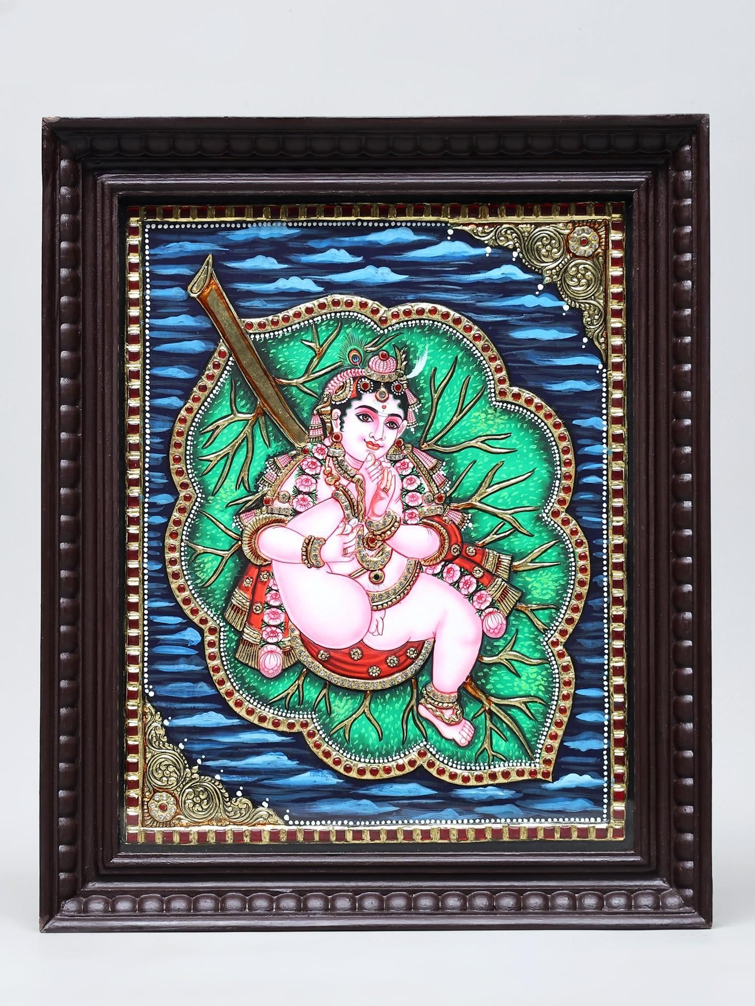 Baby Krishna on Leaf | Handmade Tanjore Painting | Traditional Colors with 24 Karat Gold | With (1 of 2)