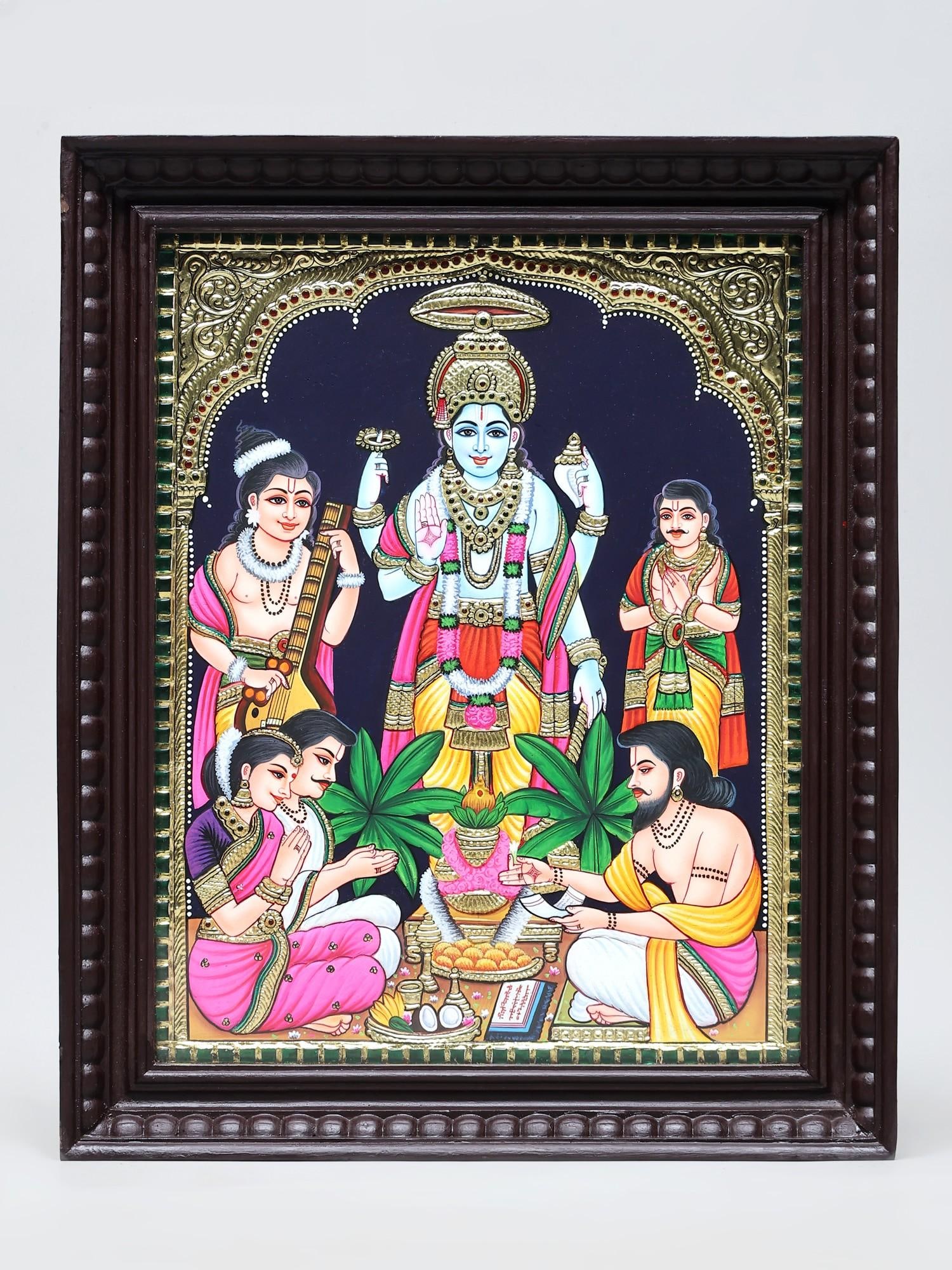 Lord Vishnu - Worshipping of Satyanarayan | Traditional Colors with 24 Karat Gold | Framed Tanjore (1 of 2)