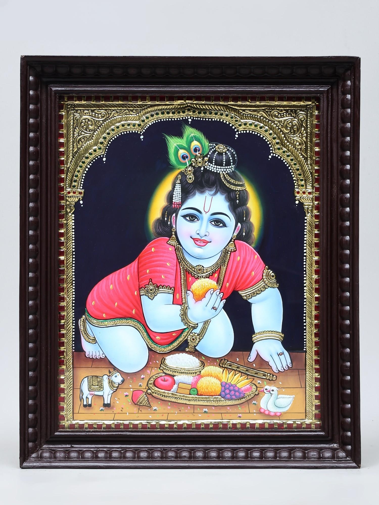 Little Krishna Eating Prasadam | Traditional Colors with 24 Karat Gold | Framed Tanjore Painting (1 of 2)