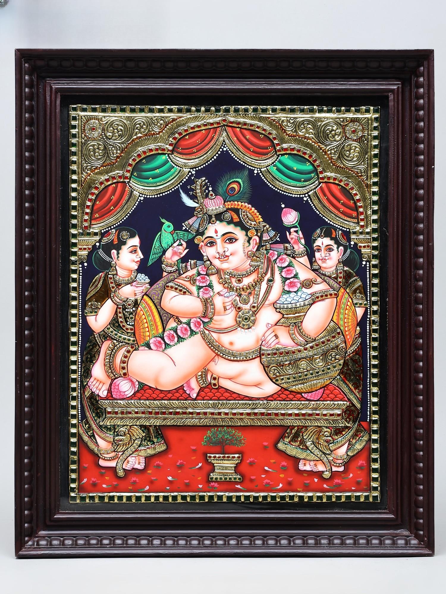 Navaneetha Krishna with Pot of Butter | Traditional Colors with 24 Karat Gold | Framed Tanjore (1 of 2)